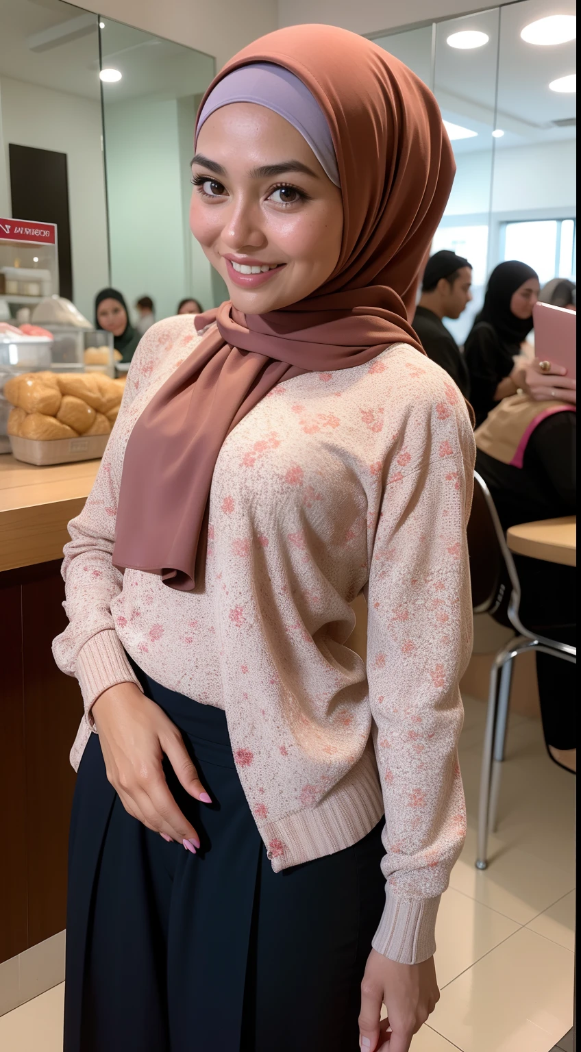 Malay girl in hijab, wear small floral pastel color shirt and High Waist Plicated Detail Suit Pants , laughing and posing with both hand on top of her head, wear backpack, front view, hijab blown, windy, detail skin, age spot, detail skin texture, mole below eyes, small breast, flat chest, wide hips, small waists, thick thighs, slim abs, beautiful body, nighttime, laughing, happy, bright lighting, college student in background, crowded cafe, blur background, bokeh, camel toe,