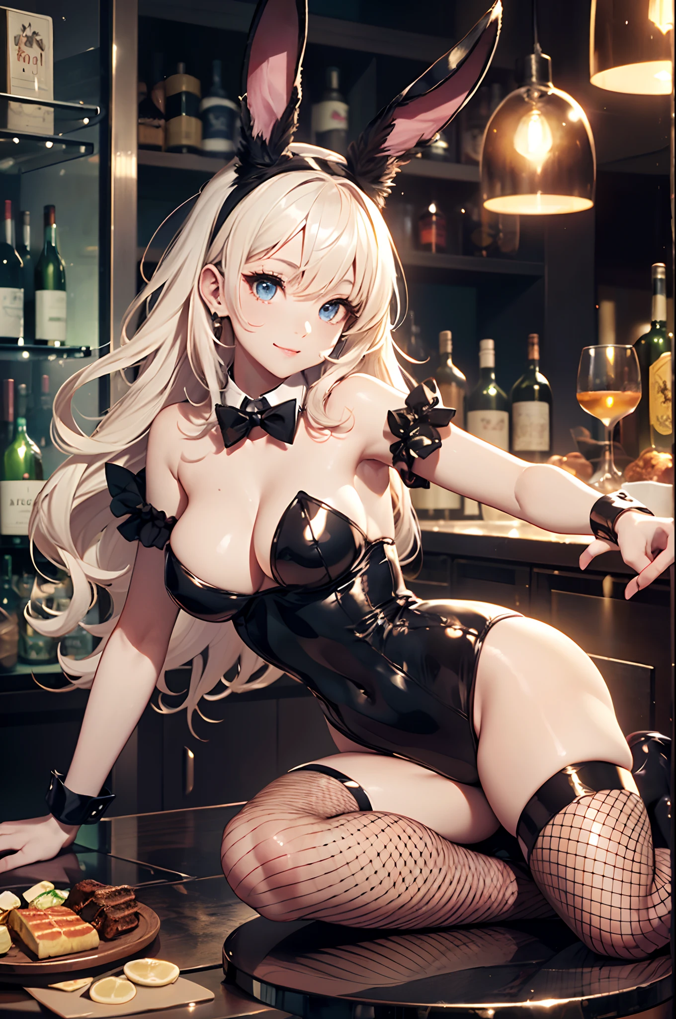 (Official art、Best Quality、Unity 8k Wallpapers、32K、masterpiece、ultra-detailliert、超A high resolution、realisitic、Photorealsitic:1.2)、(Cinematic lighting:1.2)、Fireglow effect、film grains、Best Shadows、Rim lighting、side lights、(Ultra-detailed and complex 3D rendering)、Detailed beautiful face and eyes、A slender、Medium bust、(Full body:1.2)、 Highly detailed background、(super detailed skin、detailed skin textures:1.3)、(a bar counter、shop front:1.4)、shinny skin, 20-year-old beauty、Beautiful wavy platinum blonde hair、 Twin-tailed、Blue eyes、beauitful face、Playboy Bunny Girl、High-cut leotards、a bow tie、Cuffs、Wearing fishnet stockings、Black rabbit ears、With a rabbit tail in the ass,、Have a tray of liquor、Gentle smile、Angle from below、