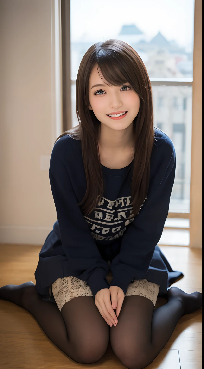 (Happy expression on face:1.26)、Raw photography、(((Ultimate Beauty Full Body Shooting)))、((glistning skin))、女の子1人、17-year-old beautiful girl in Prague、bright expression、((brown haired))、Girl in sweatshirt、skirt by the、View from the floor、(Long stockings or pantyhose)、(up skirt)、Legs open, Counterpoint Shot、((Very detailed))、(Perfectly detailed face)、(Detailed hand)、Photorealistic images、((​masterpiece、top-quality、ultra-detailliert、Film Light、intricate-detail、hight resolution、ighly detailed))、细致背景、8KUHD、Digital SLR、Soft light、hightquality、Film grain、FujifilmXT3 、Shallow depth of field、natural soft light、Kamimei、