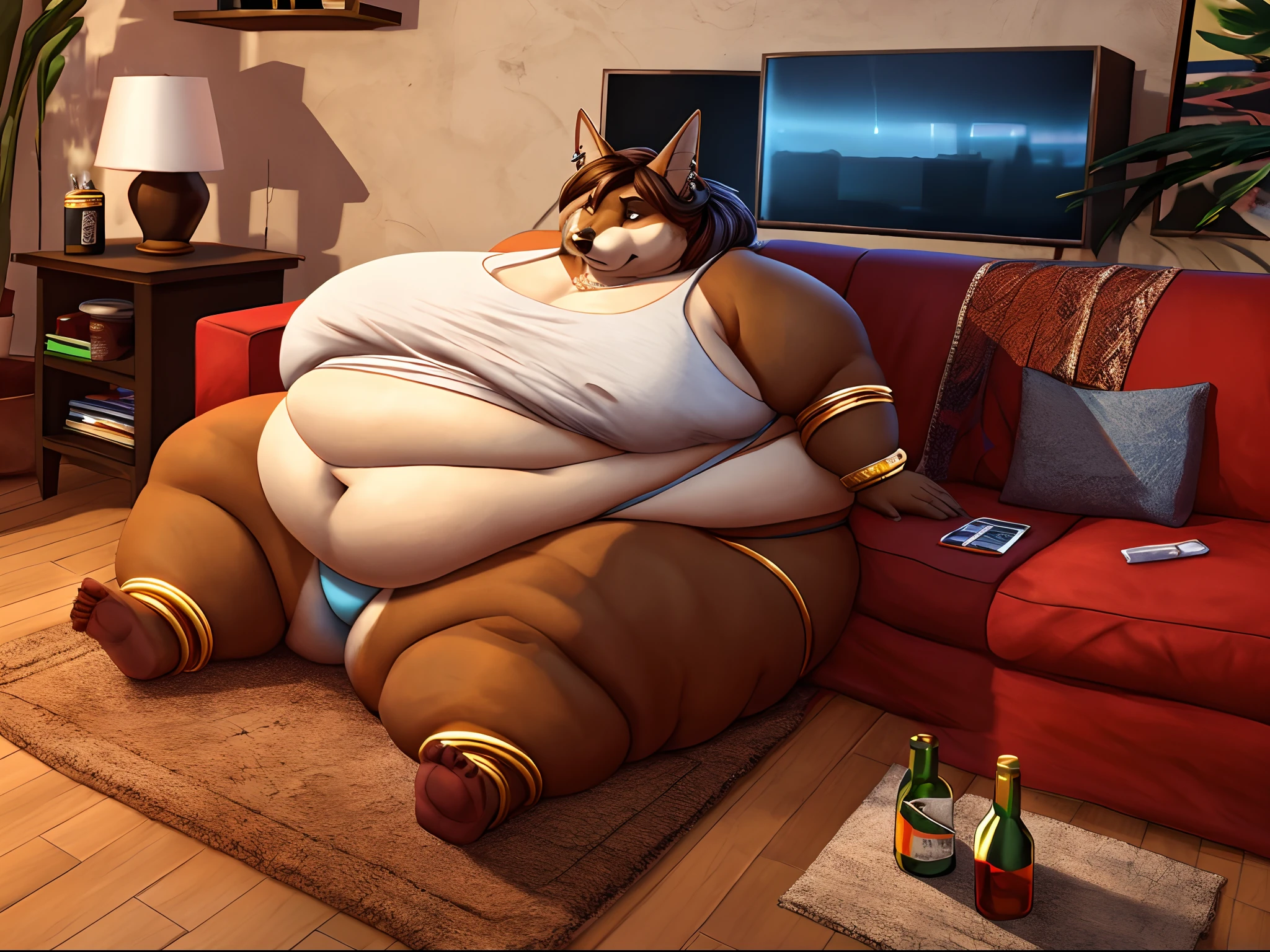 An incredibly obese middle aged female anthro jackal. She is dressed in an old tank top and panties and is barefoot, along with a having large amount of jewelry and piercings, including earrings, finger rings, toe rings, bracelets, bangles, anklets and more. She is in a low-income apartment. So is so incredibly obese that she is completely immobile, always either laying on or sitting on a couch. Her body is immensely fat with many rolls, and her belly is humongous.  She has a tired and hungry look on her face. She is watching a television that is in the foreground. An end table next to her has a bottle of alcohol and an ashtray with cigarettes on it. There are empty food wrappers and boxes littering the floor. The artwork has the highest quality with 4k resolution, ultra-detailed, and a realistic, photorealistic touch. The colors are vivid, and the lighting is perfectly set, creating a visually stunning masterpiece.