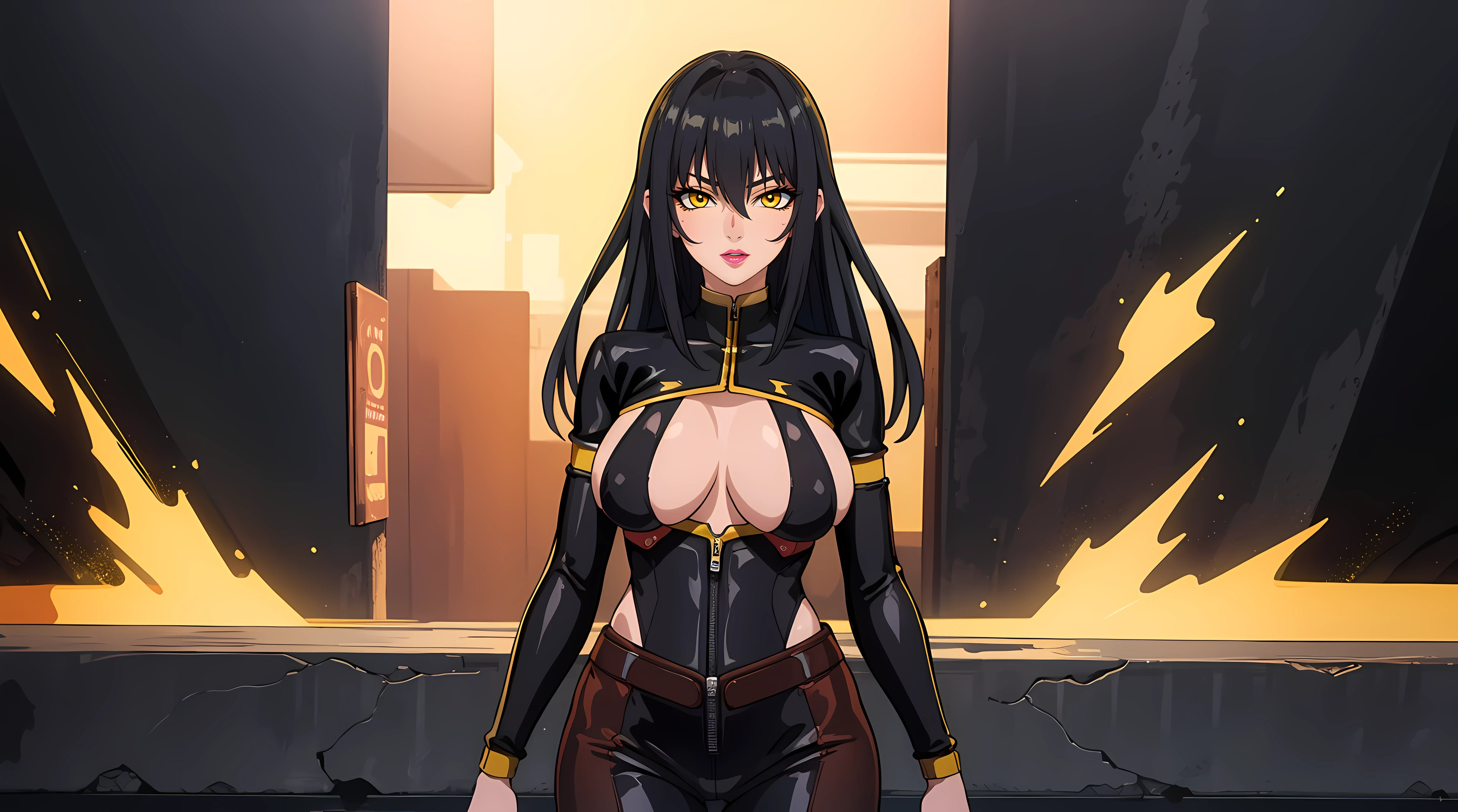 (masterpiece:1.4),(best quality:1.4), soft lighting, cinematic bloom, beautiful face, beautiful eyes, cowboy shot,
Annerose, 1girl, solo, female mature, black hair, long hair, (yellow eyes:1.4), large breasts, bodysuit, higheels, shiny clothes, skin tight, hair intakes, covered breasts, sideboob, exquisite eyes detail, exquisite character design unity details 8k hdr, professional art, landscape, (solo:1.5, cowboy shot:1.5)