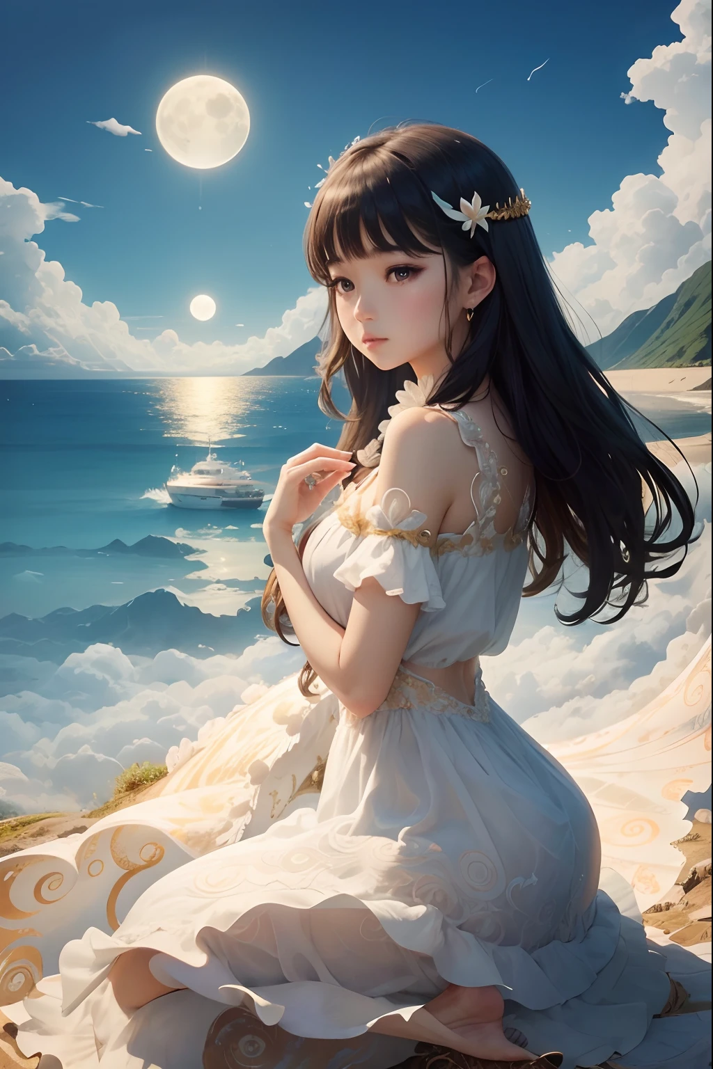 Island near, sky so clear, Moon for love, Fairy tear, dressed in white peacock feathers, clouds spiral, spirals, Cloud above 24k