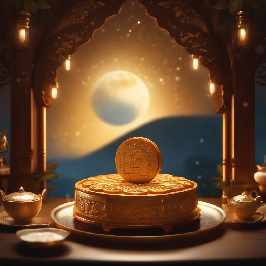 Mid-Autumn Festival, Reunion, Full moon, the night, (Moon cake), teas, the fruits, edgBunny, Chang'e rushes to the moon, symetry, High detail, romanticism lain, Sparkle, god light, Ray tracing, hyper HD, retinas, Masterpiece, ccurate, Super detail, High details, High quality, Best quality, A high resolution, 16k, Anatomically correct