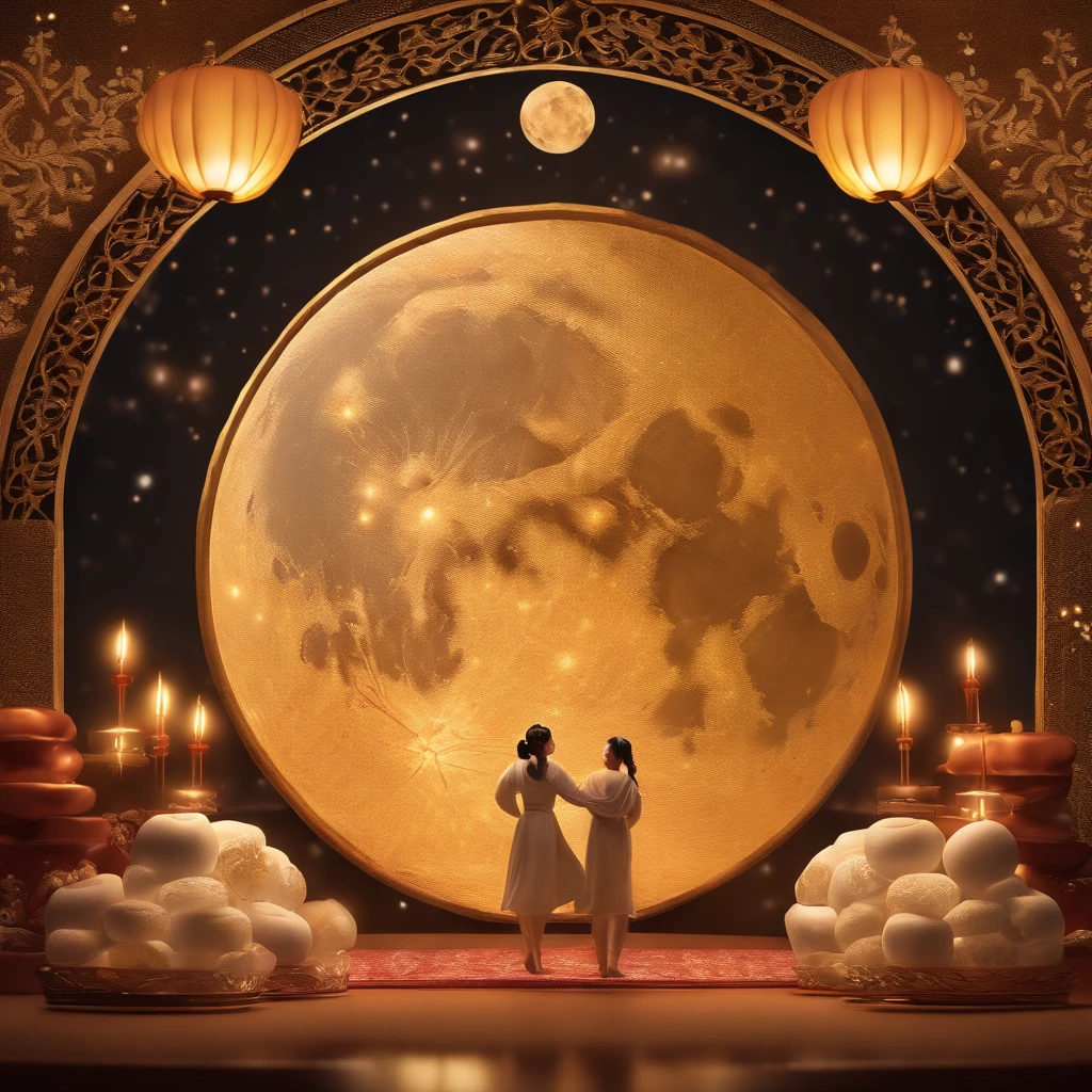 Mid-Autumn Festival, Reunion, Full moon, the night, （Moon cake）, teas, the fruits, edgBunny, Chang'e rushes to the moon, symetry, High detail, romanticism lain, Sparkle, god light, Ray tracing, hyper HD, retinas, Masterpiece, ccurate, Super detail, High details, High quality, Best quality, A high resolution, 16k, Anatomically correct