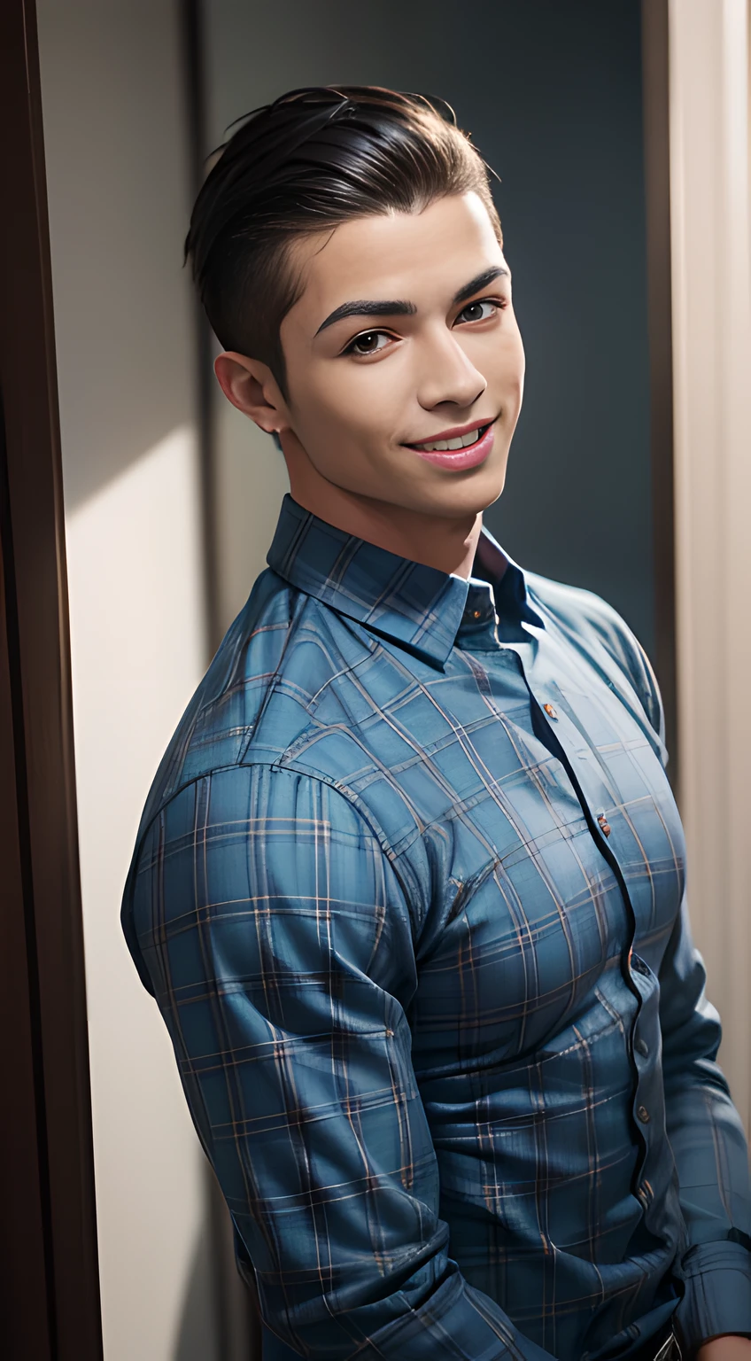 (((Men only))), ((head shot)), (Cristiano Ronaldo), (((wearing skyblue tartan checked clothing))), (showing his abs), ((Handsome muscular male man in his 20s)), (Big smile), (detaile: 1 in 1), Natural muscles, HIG quality, beautidful eyes, (Detailed face and eyes), (Face、: 1 / 2), Noise, Real Photographics、... .......................................................................................................................PSD, Sharp Focus, High resolution 8K, realisitic & Professional Photography, 8K UHD, Soft lighting, High quality, Film grain, FujifilmXT3