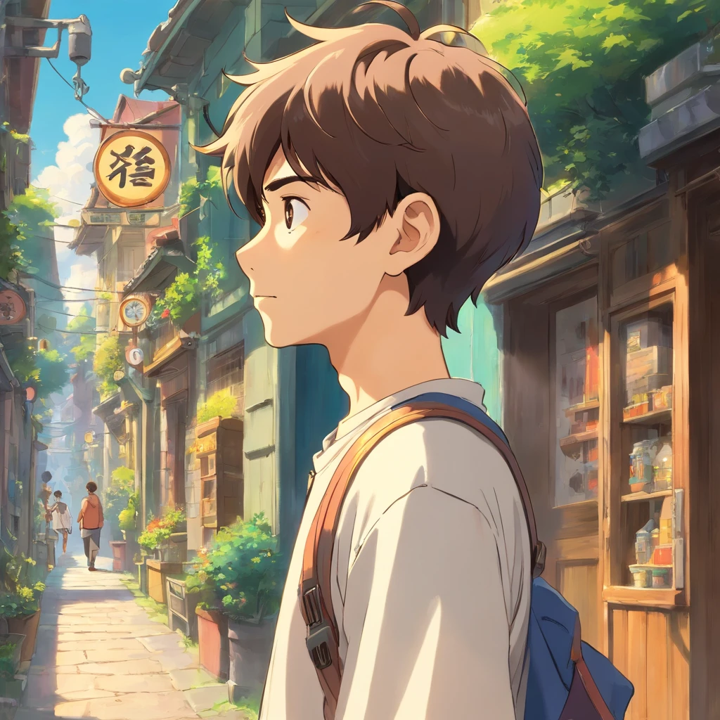 A teenage boy strolling with earphones the perspective of scene will be 2d and on side profile. The scene will be old Ghibli style