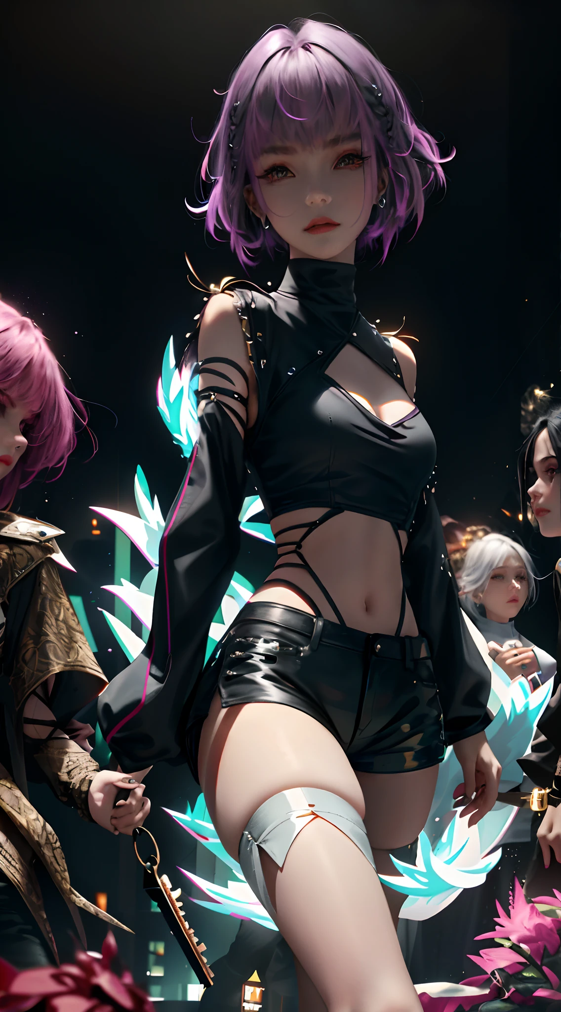 Solo, 1 Doll organism female body, best qualityer, beautiful light up, profesional lighting, photon maping, Radio Siddard, The physical rendering is based on Nanazuna。, 1 female humanoid, rim, black black jacket, Black shirt, Black shorts, blue color eyes, Diamond stripes, Breasts, Neckline cut, Hollow out clothing, Crop top, cel shadow, Dam, Gradient hair, whaite hair, Hair rings, jaket, light violet hair, looking at viewert, putting makeup on, multicolored hair, nabel, with her mouth open, red shadow, Camisa, Shorts, Sleeveless, sleeveless turtleneck, sleeveless turtleneck, little breast, Solo, stomach, High laryngeal, Turtleneck sweater harvest top, two tone color hair, Vampires, photo RAW, 8K UHD, Film Particle, ((Very strong backlight, llight rays, Take the keys))), Close up