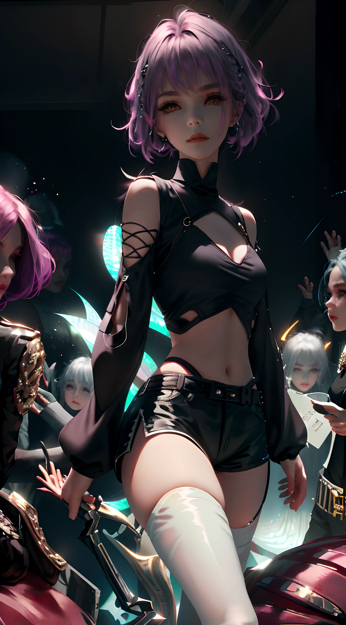 Solo, 1 Doll organism female body, best qualityer, beautiful light up, profesional lighting, photon maping, Radio Siddard, The physical rendering is based on Nanazuna。, 1 female humanoid, rim, black black jacket, Black shirt, Black  shorts, blue color eyes, Diamond stripes, Breasts, Neckline cut, Hollow out clothing, Crop top, cel shadow, Dam, Gradient hair, whaite hair, Hair rings, jaket, light violet hair, looking at viewert, putting makeup on, multicolored hair,  nabel, with her mouth open, red shadow, Camisa, Shorts, Sleeveless, sleeveless turtleneck, sleeveless turtleneck, little breast, Solo, stomach, High laryngeal, Turtleneck sweater harvest top, two tone color hair, Vampires, photo RAW, 8K  UHD, Film Particle, ((Very strong backlight, llight rays, Take the keys))), Close up