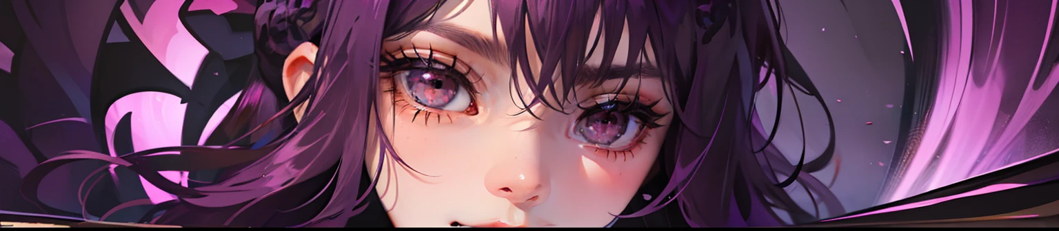 1girl, Eyes only, Drawing the eyes, focus on eyes, Brown eyes, dark eyes, Bright brown eyes, Purple eyelashes, purple eyebrows, Very thin eyebrows, wide eyes, purple hair, It's nothing, except for the eyes, eyes focus, around dark, Shinoa hiiragi