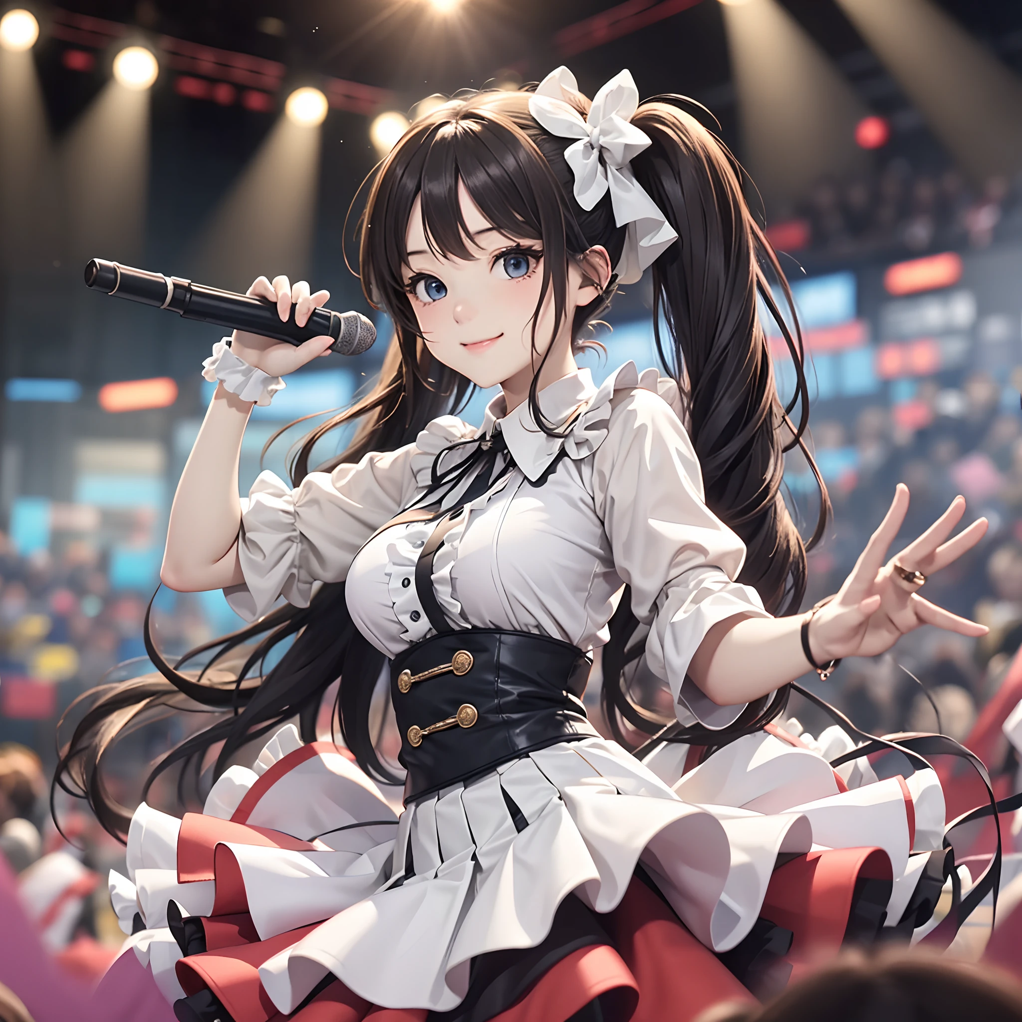 1girl, solo, super fine illustration, an extremely delicate and beautiful, best quality, light brown hair styled in twin tails, bright and expressive chocolate brown eyes, youthful and lively, dressed in a cute and frilly idol costume with pastel colors, dancing gracefully on a brightly lit stage, sweat glistening on her forehead as she pours all her emotions into her singing, mic in hand, captivating the hearts of the enthusiastic audience, the excitement reaching a fever pitch, Danbooru tags: #idol #performance #singing #dancing #cute #frilly #bright #emotional.