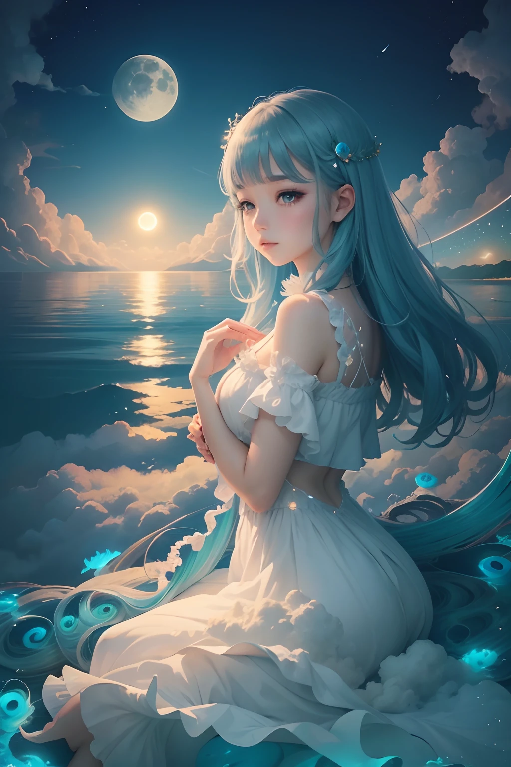 Island near, sky so clear, Moon for love, Fairy tear, dressed in white peacock feathers, clouds spiral, spirals, Cloud above 24k
