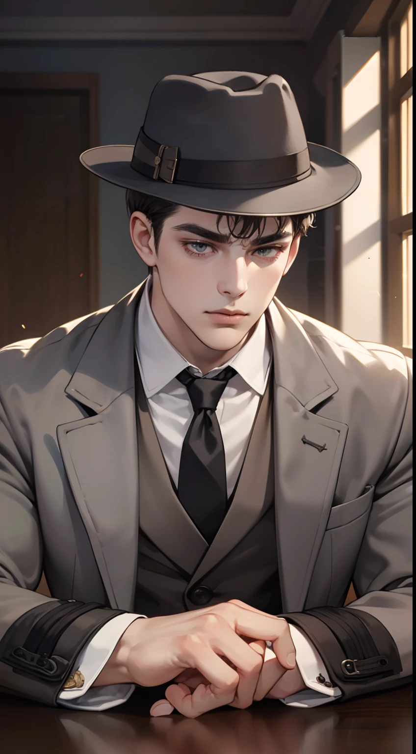 masterpiece, best quality, realistic, 1man, mature male, quiet and charming young man, 25 years old, close his eyes, serious look, extremely detailed face, ((dark grey eyes)), ((short-right-swept dark brown hair)), [thick eyebrows], detective, ((Dressed in a classic overcoat and fedora hat)), cinematic lighting, looking at the audience, posture dynamics, Victorian era, in front of the desk