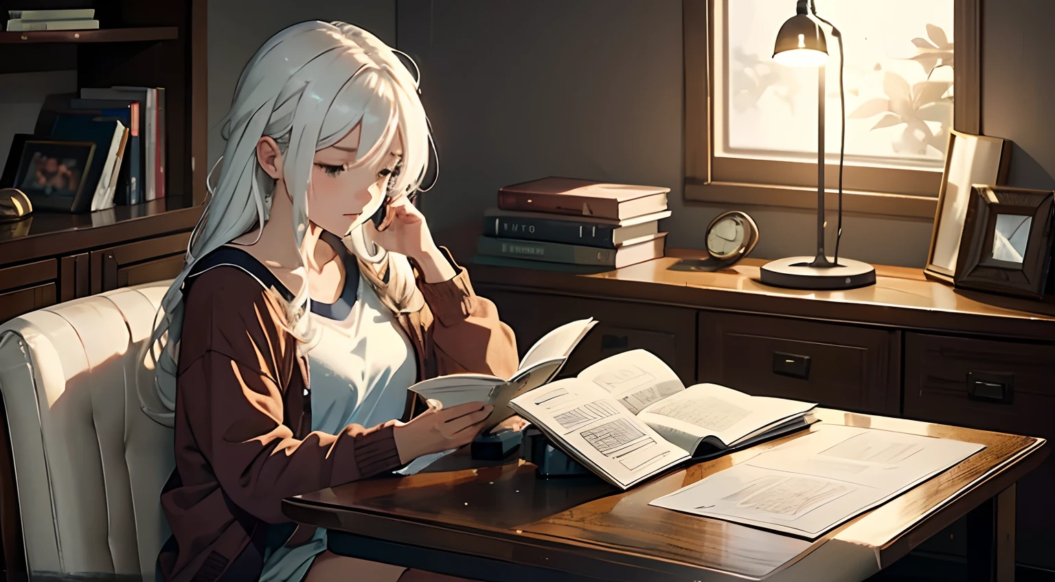 A relaxed and cozy scene in a gamer-style room reminiscent of the 'lofi girl'. In the center, a beautiful girl with white hair is sitting on a comfortable chair, completely engrossed in reading a book. The room exudes a calm and slightly nostalgic atmosphere, with soft colors and warm lighting. A desk lamp casts a soft light that enhances the tranquility of the space. The girl is wearing comfortable clothing, perfect for enjoying her reading time. Next to her, an open laptop displays a paused game, complementing the gamer atmosphere. Video game posters on the walls add a touch of color and authenticity to the room. The image conveys a sense of serenity and focus, as if time has stood still to allow the girl to savor her moment of tranquility and passion for reading in this unique space.