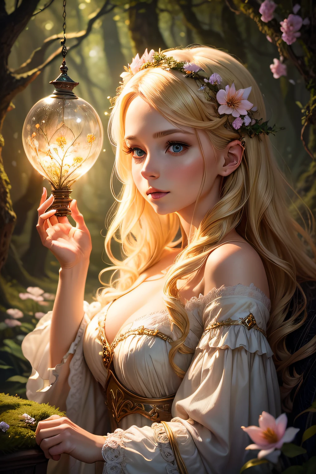 Imagine an enchanting lady with radiant blonde hair in a fantasy forest, her hair adorned with delicate, luminescent flowers, creating an otherworldly ambiance reminiscent of magical realism, and create a 4K UHD image that transports viewers to a whimsical realm