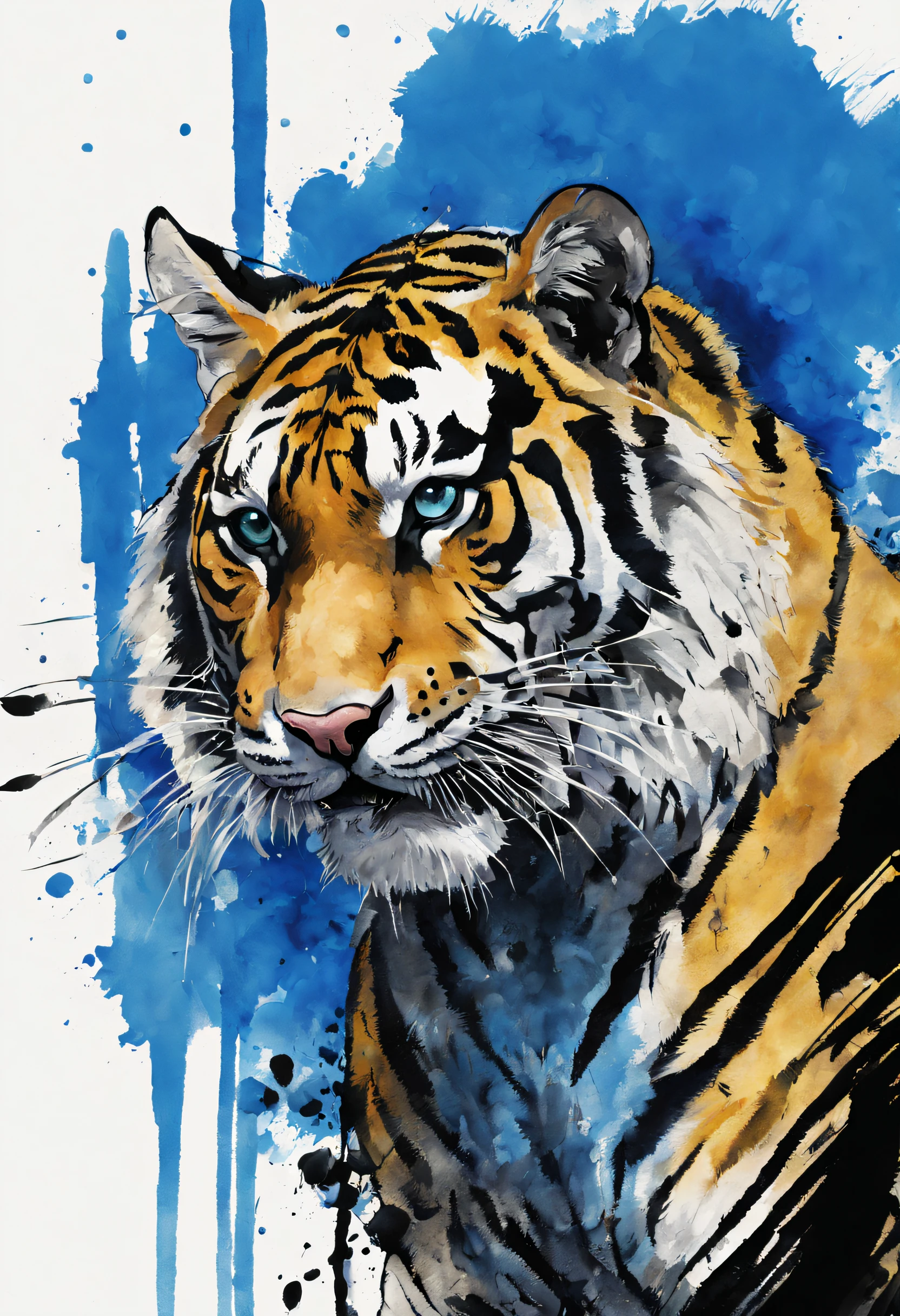 Ultra cybur punk tiger blue black water color painting by fountain pen minimalist cartooning phoenician art. HDR, UHD 32k. --AR 16:9, --style raw, -- seed 7