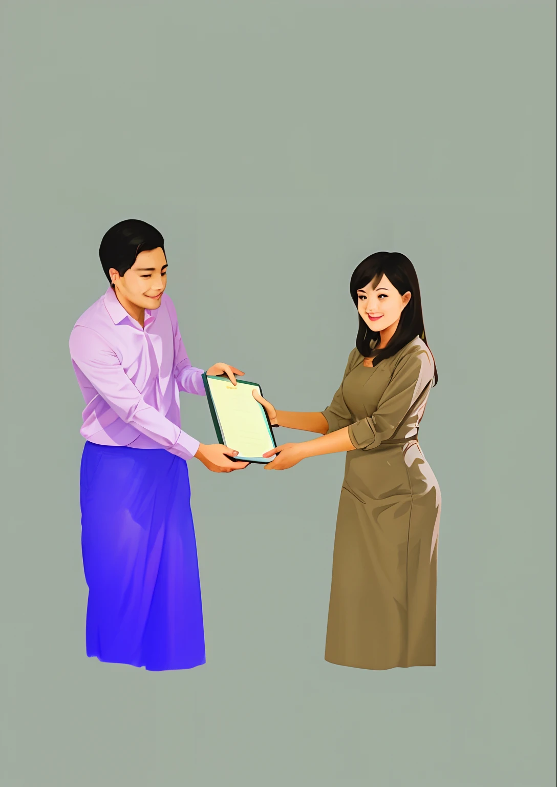 there is a man and woman that are holding a book, proffesional illustration, award painting, drawn image, full color illustration, giving gifts to people, official illustration, awarded, textbook illustration in clolour, wikihow illustration, rendering, hi-res scan, an illustration of, hi - res scan, award winning illustration, simple illustration, cartoon image