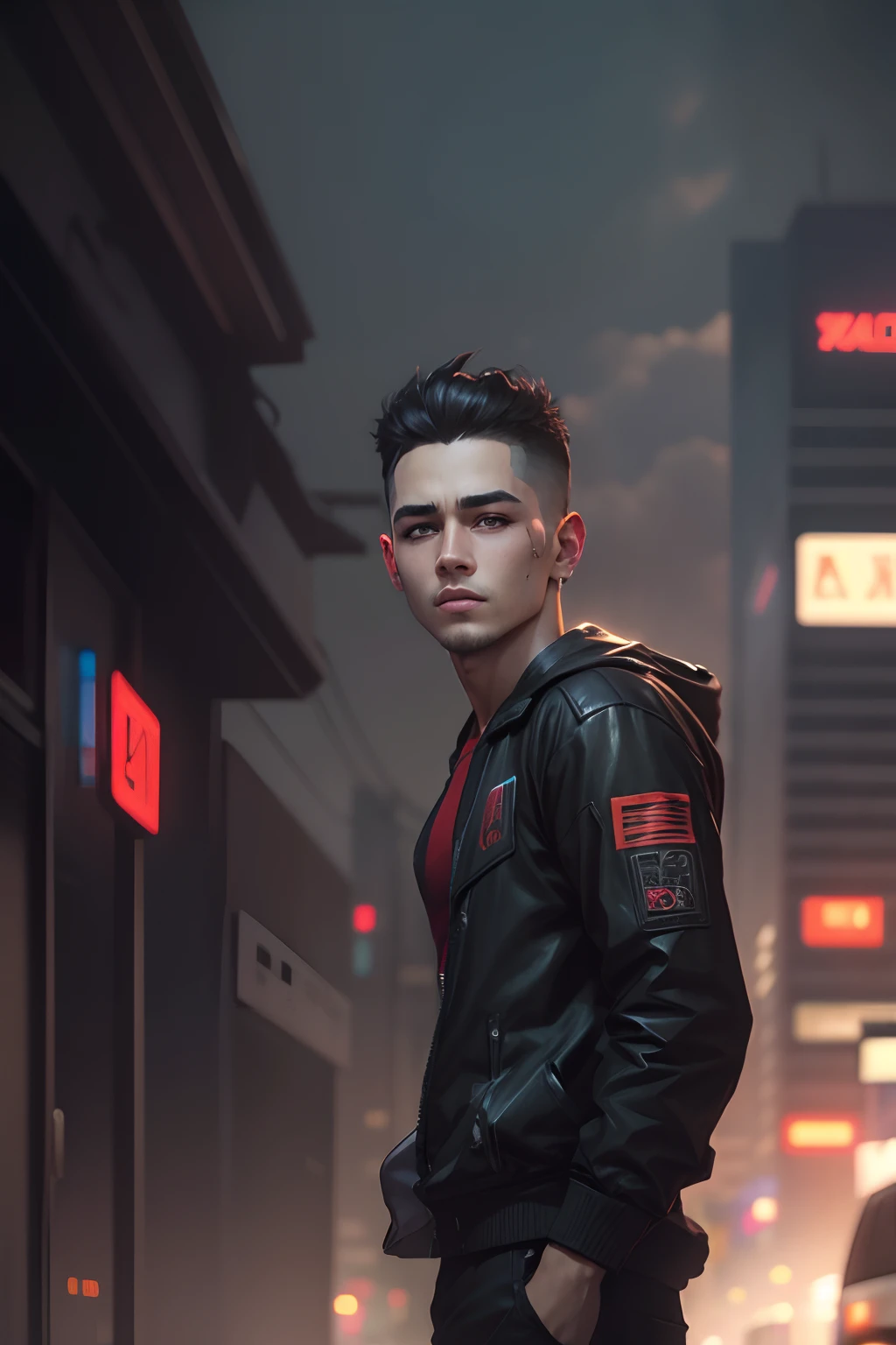 Change beground cyberpunk handsome boy realistic face