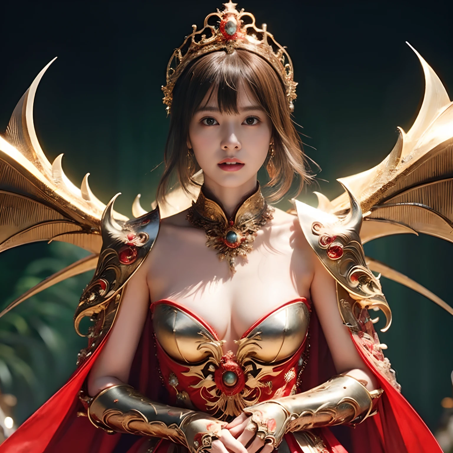 (Fight fiercely with dragons)、top-quality、masterpiece、超A high resolution、(White Dragon Armor)、dragon armor、(Wearing a beautiful crown made of jewels),(Photorealsitic:1.4)、Raw photo、女の子1人、Golden hair、glowy skin、(((With the legendary sword)))、(Gorgeous Jewelry Necklaces)、(Mystical expression)、(Fight big dragons)、With a beautiful knife、(White Metal Bodysuit)、(beautiful forest background)、Precipitous cliffs、(Small LED)、((super realistic details))、portlate、globalillumination、Shadow、octan render、(One-Eyed Scouter)、8K、ultrasharp、Colossal tits、Raw skin is exposed in cleavage、metals、Details of complex ornaments、Japan details、highly intricate detail、Realistic light、CGSoation Trends、Red Eyes、radiant eyes、Facing the camera、neon details、(Mechanical limbs)、(blood vessels connected to tubes)、Mechanical vertebrae attached to the back、mechanical cervical attaching to neck、(Wires and cables connecting to the head)、Gundam、Small LED、,Mechanical thighs、Toostock、(Hands are also made of machines)、(veils)、