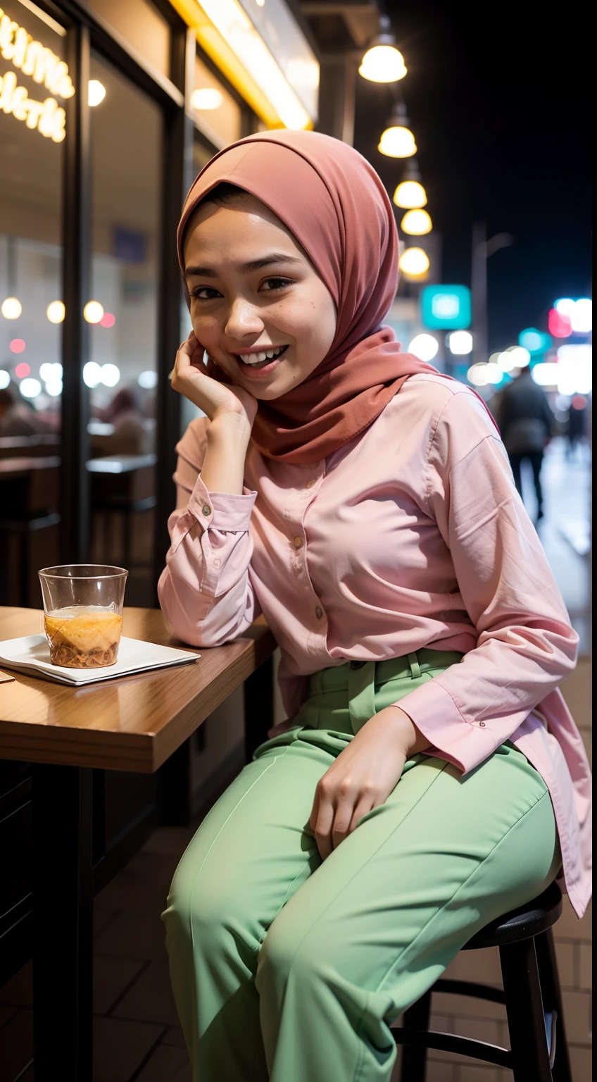 Malay girl in hijab, wear small floral pastel color shirt and High Waist Plicated Detail Suit Pants , laughing and posing with both hand on top of her head, wear backpack, front view, hijab blown, windy, detail skin, age spot, detail skin texture, mole below eyes, small breast, flat chest, wide hips, small waists, thick thighs, slim abs, beautiful body, nighttime, laughing, happy, bright lighting, college student in background, crowded cafe, blur background, bokeh, camel toe,