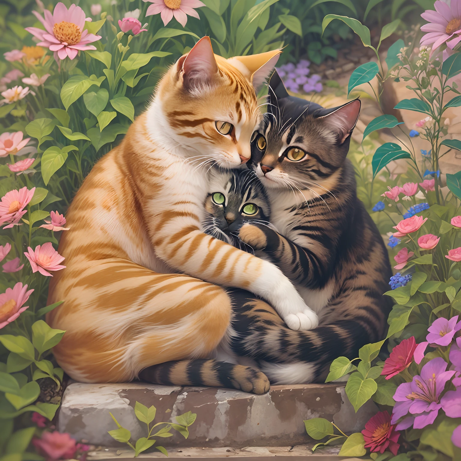 Two cats hugging each other, trpical garden,