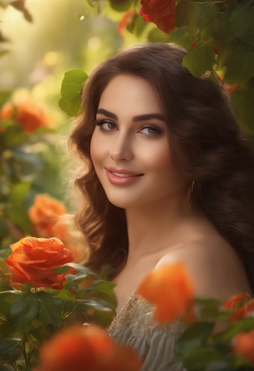 (best quality,4k,highres,masterpiece:1.2),vivid colors,intricate details,realistic lighting,beautiful detailed eyes,beautiful detailed lips,curvy body,busty woman,big breasts,tempting smile,exquisite beauty,lush garden background,soft sunlight,romantic atmosphere,portraits,figure painting