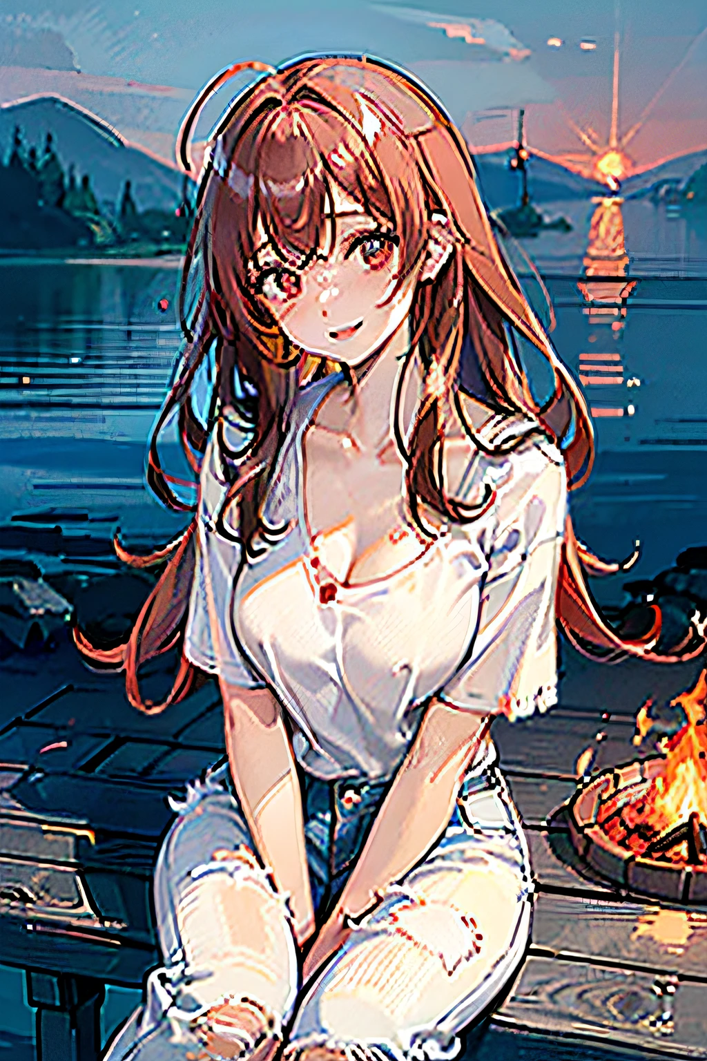 (High quality, High resolution, Fine details), Realistic, (Inside the cave), Bonfire, (Sitting), BREAK (Wet hair:1.2), (Clothes are wet:1.2), (T-shirt), (Skirt), solo, Watching a bonfire, curvy women, sparkling eyes, (Detailed eyes), blush, Sweat, Oily skin, shallow depth of field
