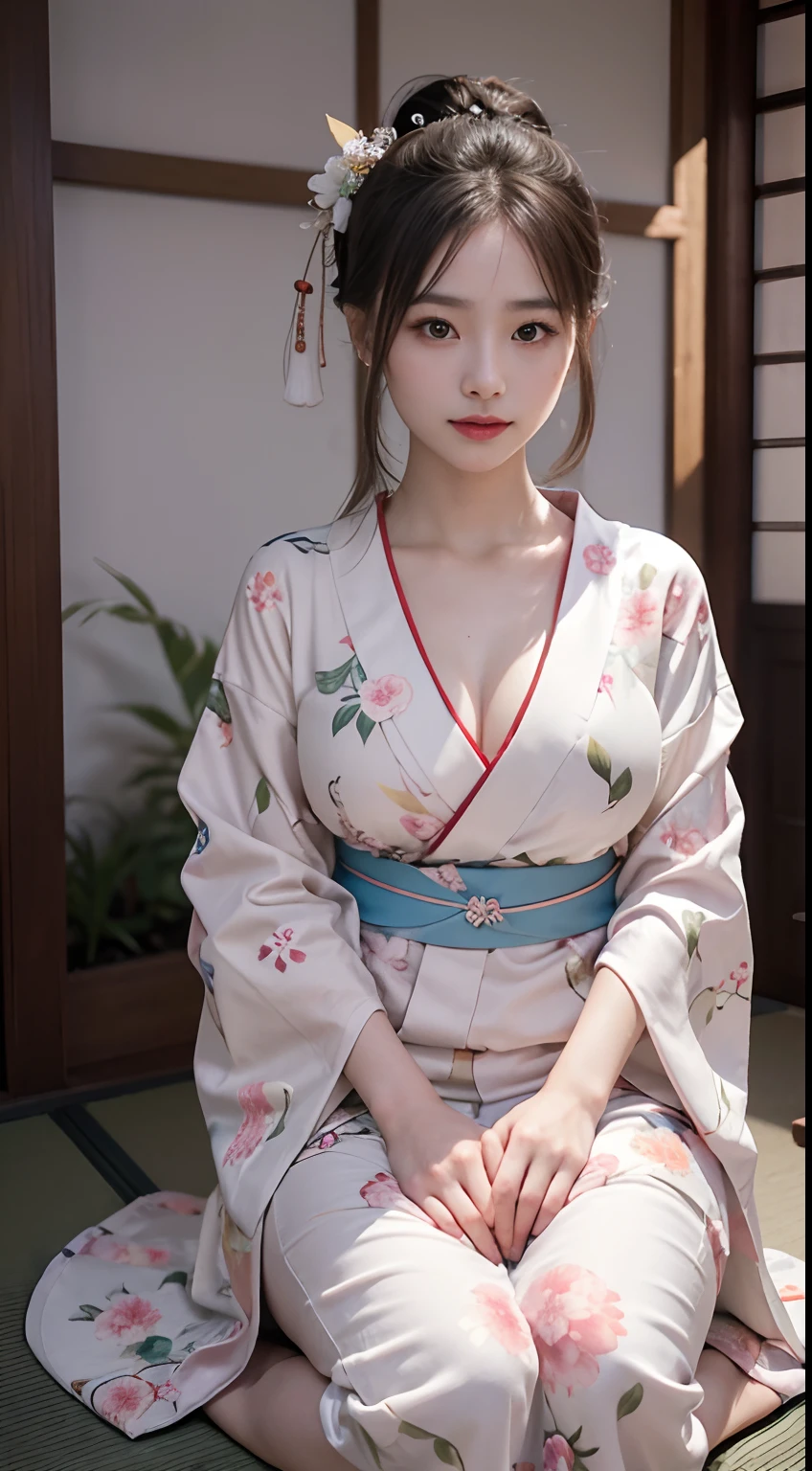 8K, top-quality, hight resolution, 逼真, realperson, One Beautiful Girl, a smile, traditional Japanese kimono、Luxury kimono、no wrinkles at all, full bodyesbian、huge tit、cleavage of the breast、beautiful legs、beauty legs、Her kimono is so exposed that her butt is visible.、She looks embarrassed as she sticks out her big butt towards the camera.、My cheeks are red and I feel embarrassed