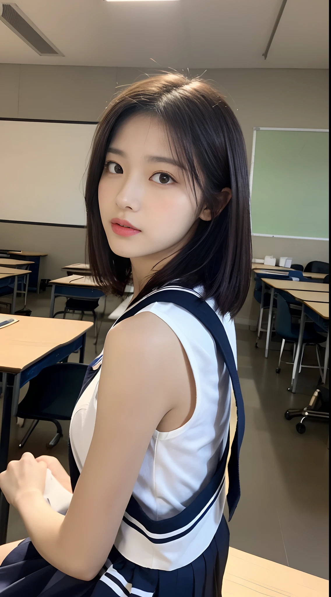 (Top Quality, 8K, Masterpiece: 1.3)), Focus: 1.2, Perfect Body Beauty: 1.8, Ass: 1.2, ((Layered Haircut, Breasts: 2.5)), Japan High School Girl, Sailor Suit Worn by Japan High School Students, JK, (School, Classroom), Highly Detailed Face and Skin Texture, Big Eyes, Tanuki Face, Double Eyelids, Whitened Skin, Shoot Cut