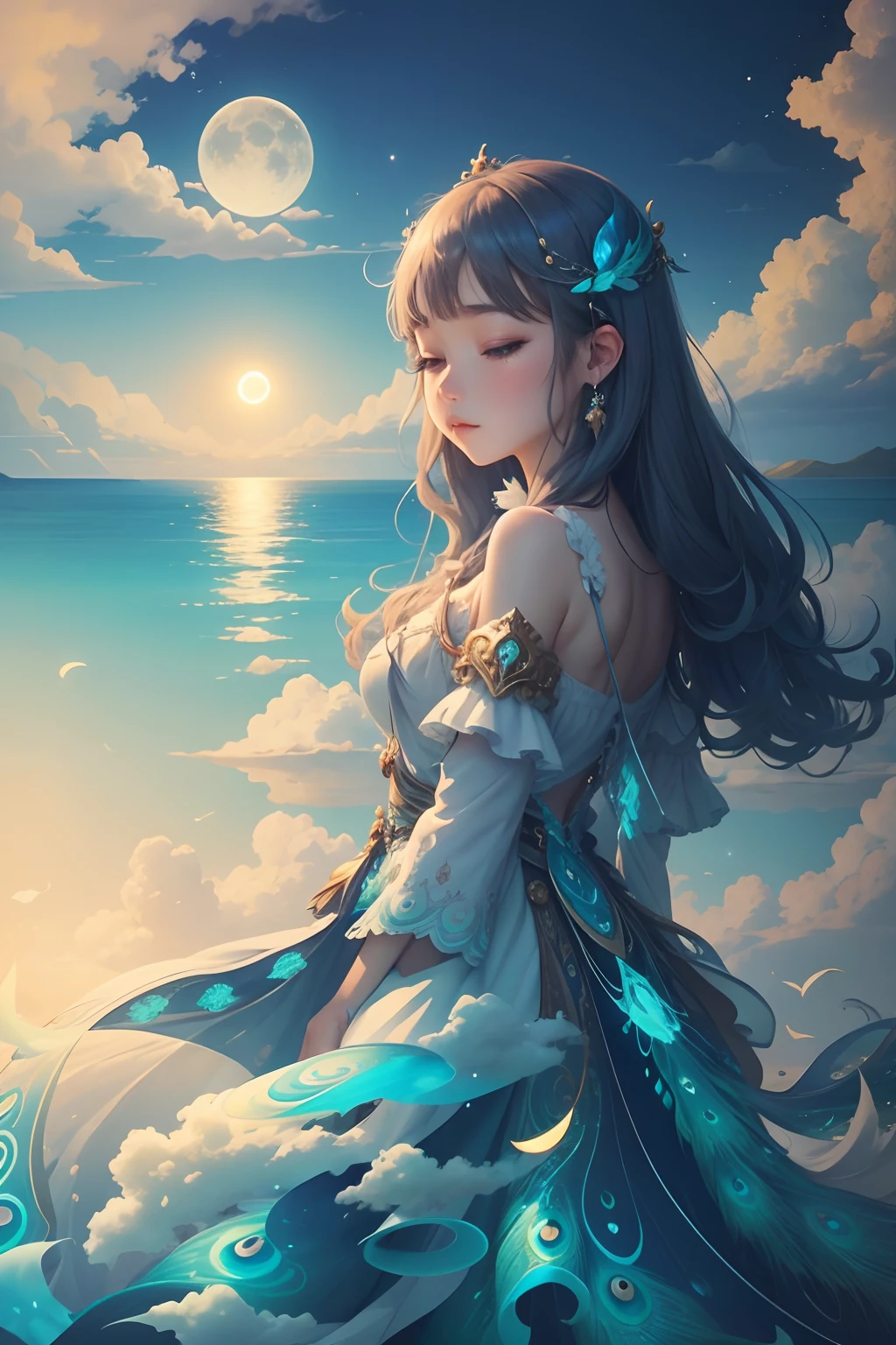 Island near, sky so clear, Moon for love, Fairy tear, dressed in white peacock feathers, clouds swirl, swirl Cloud above 24k