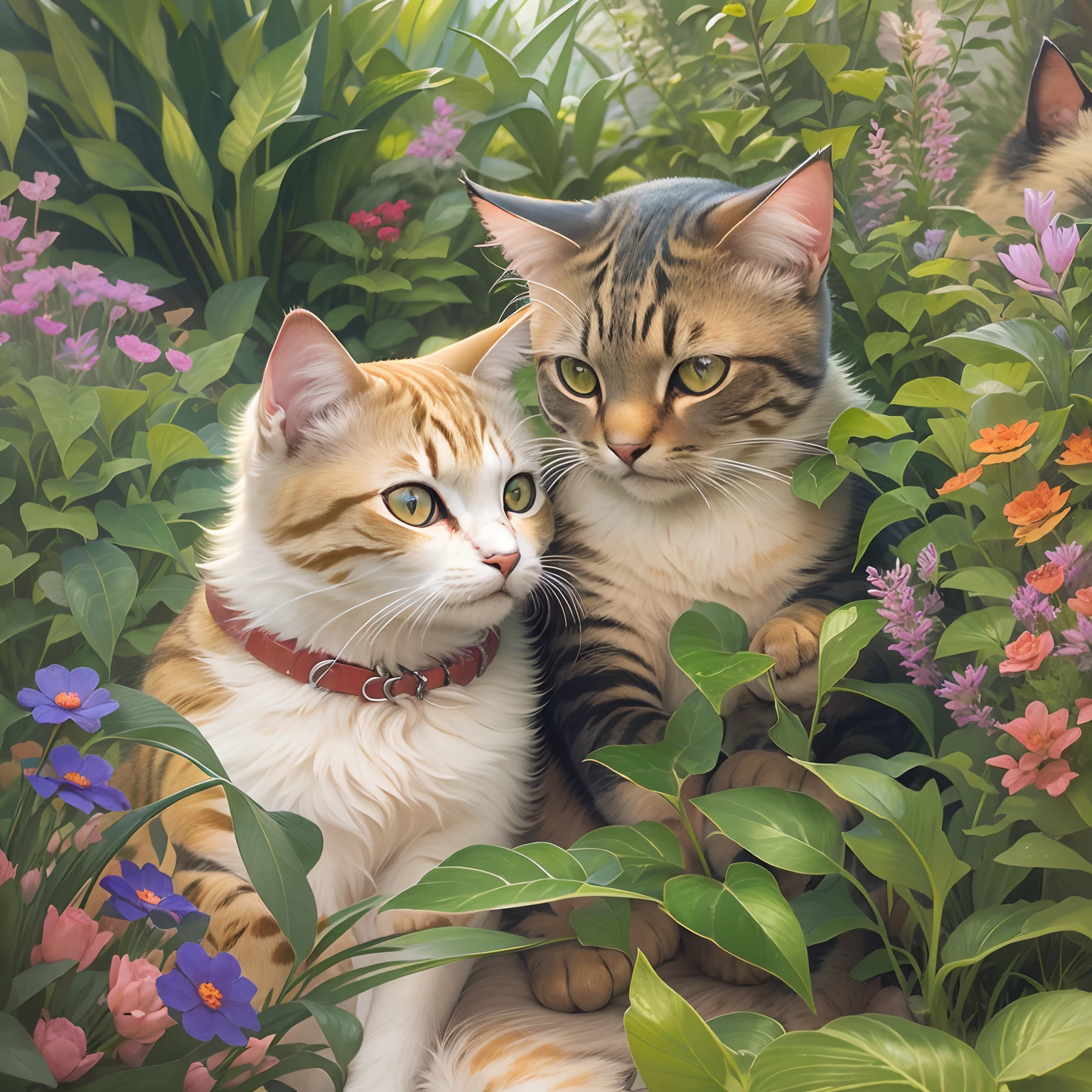 Two cats hugging each other, trpical garden,