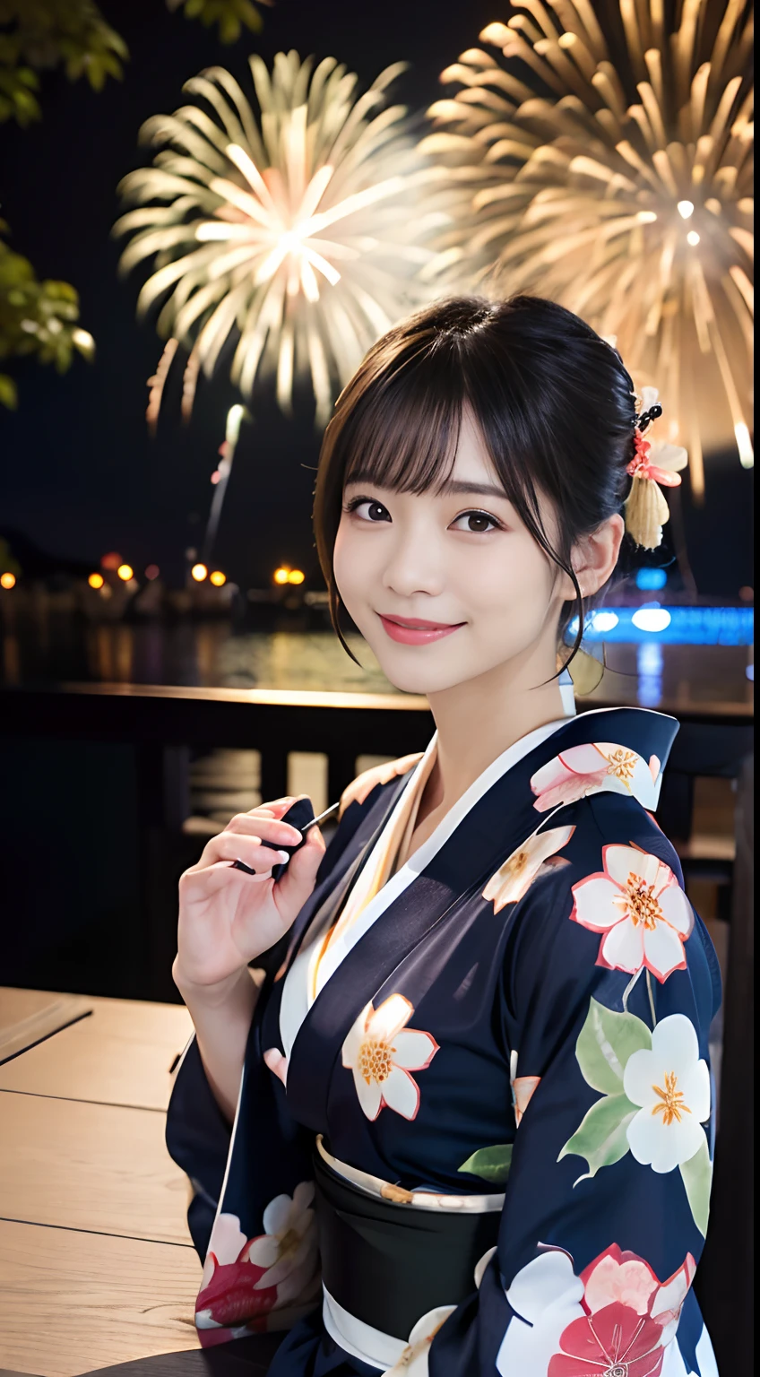 (8K、Raw photography、top-quality、​masterpiece:1.2)、(reallistic、Photorealsitic:1.37)、The ultra -The high-definition、1 girl in、cute little、独奏、natta、Sitting、date、(Nasal redness)、(A smile:1.1)、(Closed)、Colossal tits、beautidful eyes、(short-hair:1.2)、(((Fireworks in the sky、natta)))、(((Kimono、Yukata)))、cleavage on the chest、perfect bodies、Perfect fingers、profetional lighting、goddess of Japan、gravure、Detailed face and skin texture、A detailed eye、Raw photo