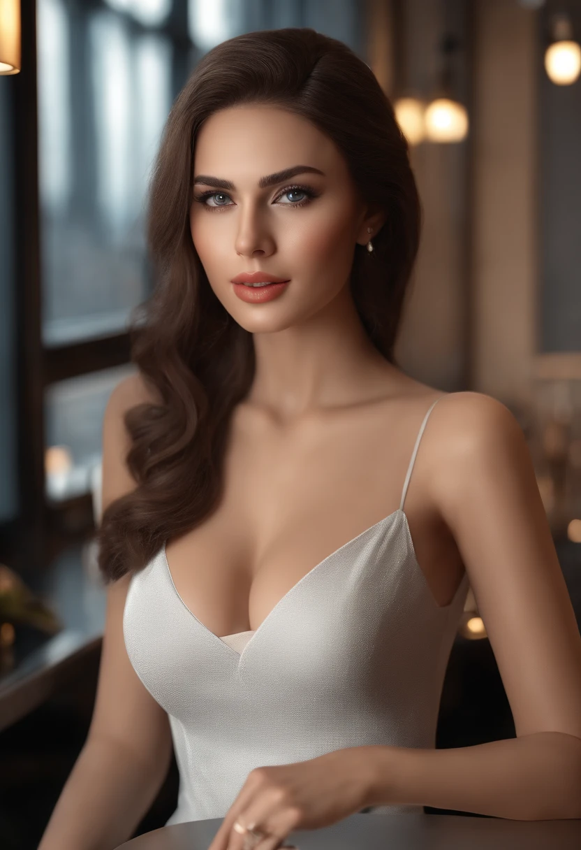 (ssee-through) A gorgeous sexy brunette woman perfect 23 year old secretary straight hair with ponytail , naked, oily silky white skin (Damp) Fleshy lips, (Photorealistic:Photorealistic, 8K masterpiece), (Breast highlights), Sit at a table in the restaurant,holding a cup of coffee (Hyperrealistic: Realistic, Environments with complex details), Sexy features on the face: (Texture & Environment Professional Photography Pure and perfect lighting).