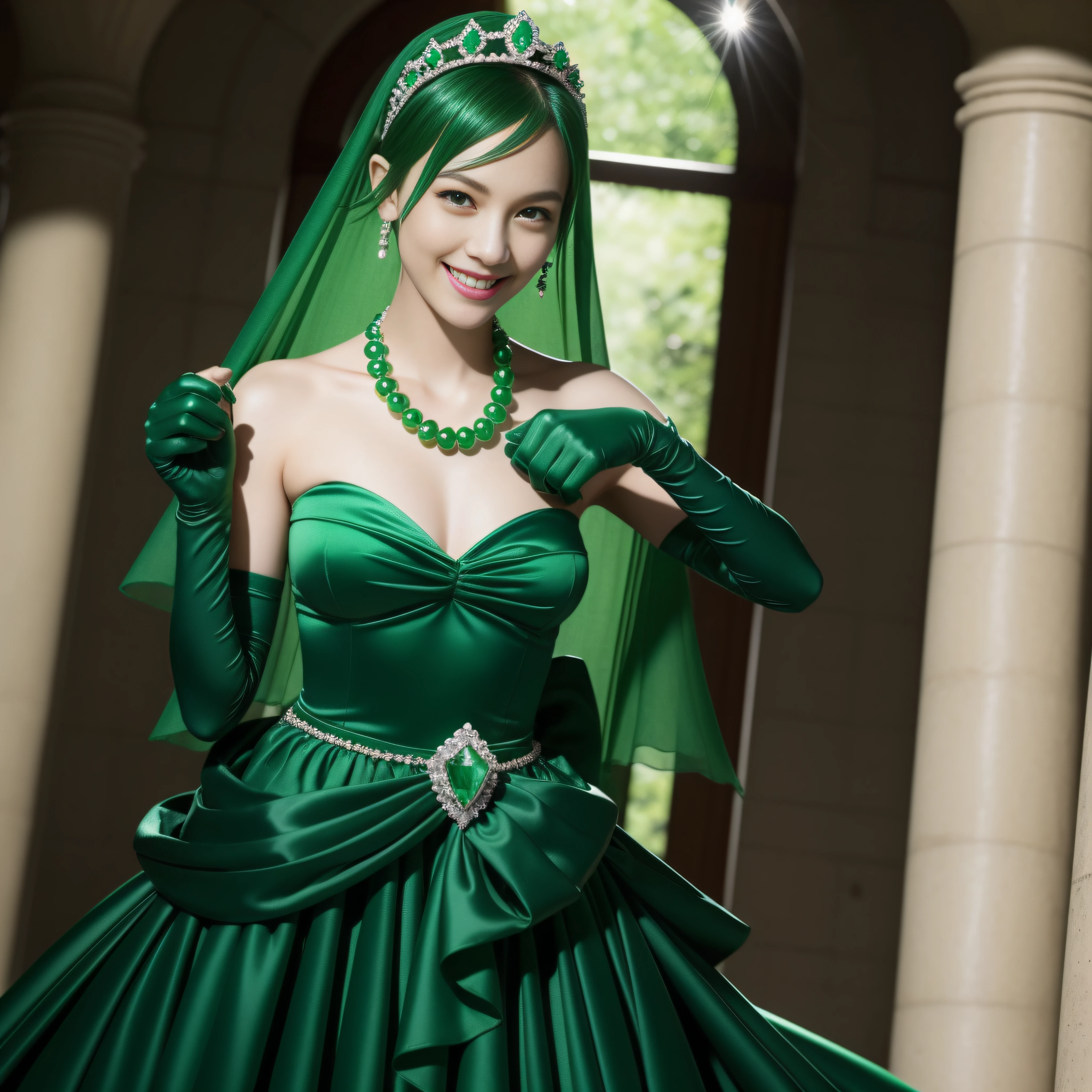 emerald tiara, Green Pearl Necklace, Boyish very short green hair, lipsticks, Japan woman smiling, very short short hair, fist, big breasts beautiful, Green eyes, Long green gloves made of satin material, Green eyes, Emerald Earrings