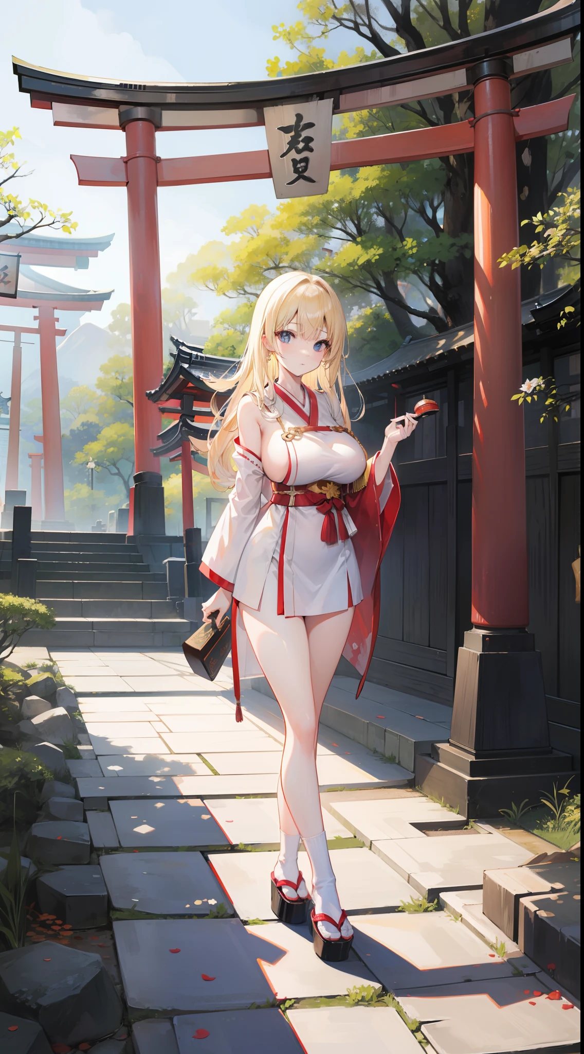 The blonde，Japan Priestess，Shrines，Torii，white short socks，clogs，(huge tit)，(Lower breast：1.9)