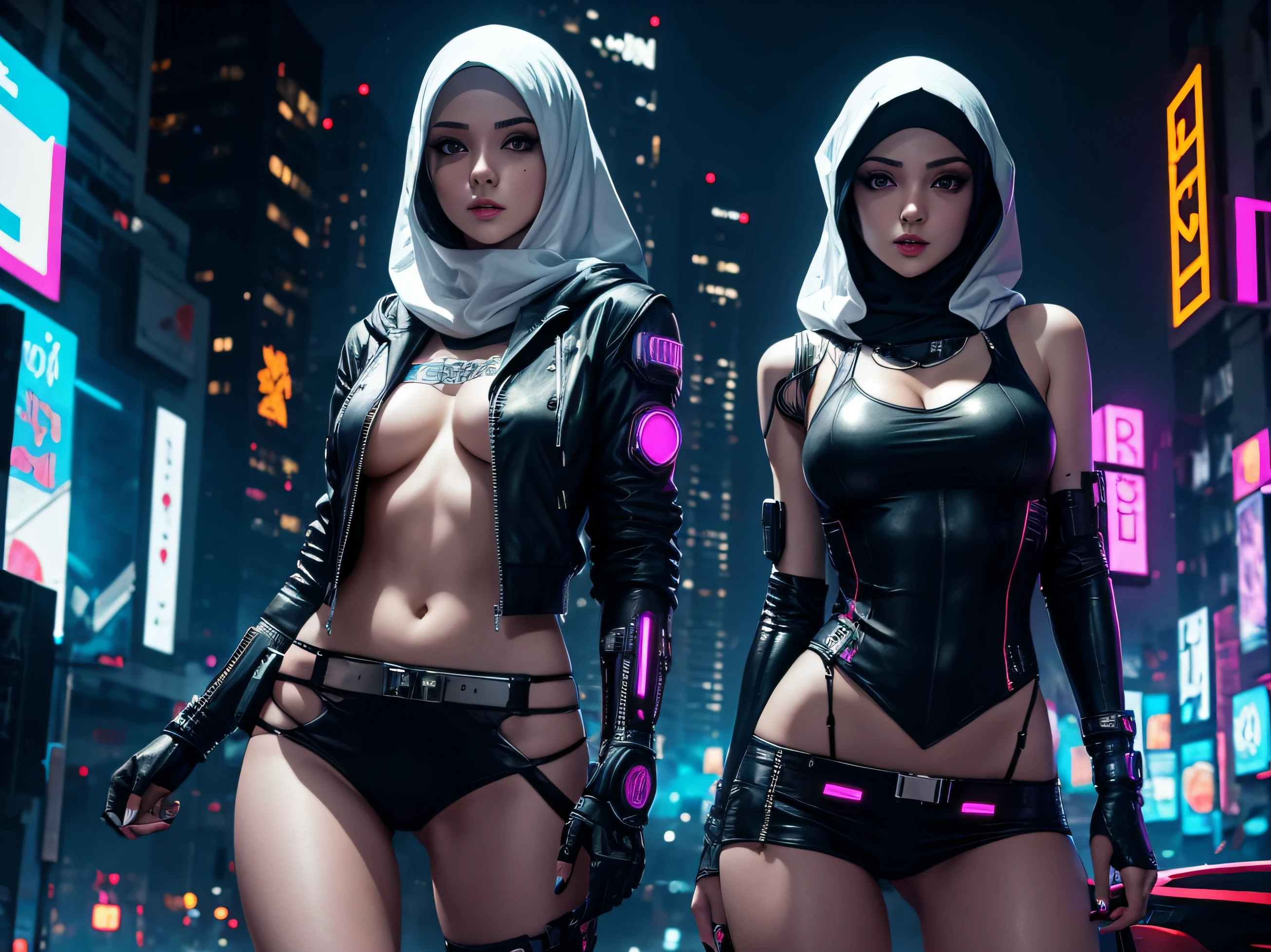 white hood hijab girl sexy body cyberpunk night city