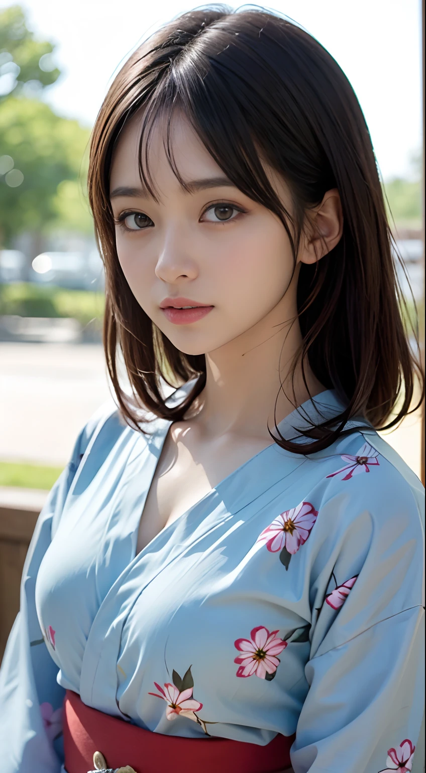 (masutepiece, Best Quality:1.4), Beautiful face, 8K, 85 mm, absurderes, (floral pattern yukata:1.4), The upper part of the body, Exposing breasts、large full breasts、violaceaess, gardeniass, Delicate girl, Solo, Night, Looking at Viewer, Upper body, Film grain, chromatic abberation, Sharp Focus, face lights, Professional Lighting, Sophisticated, (Smile:0.4), cleavage, (Simple background, Bokeh background:1.2), Detail Face