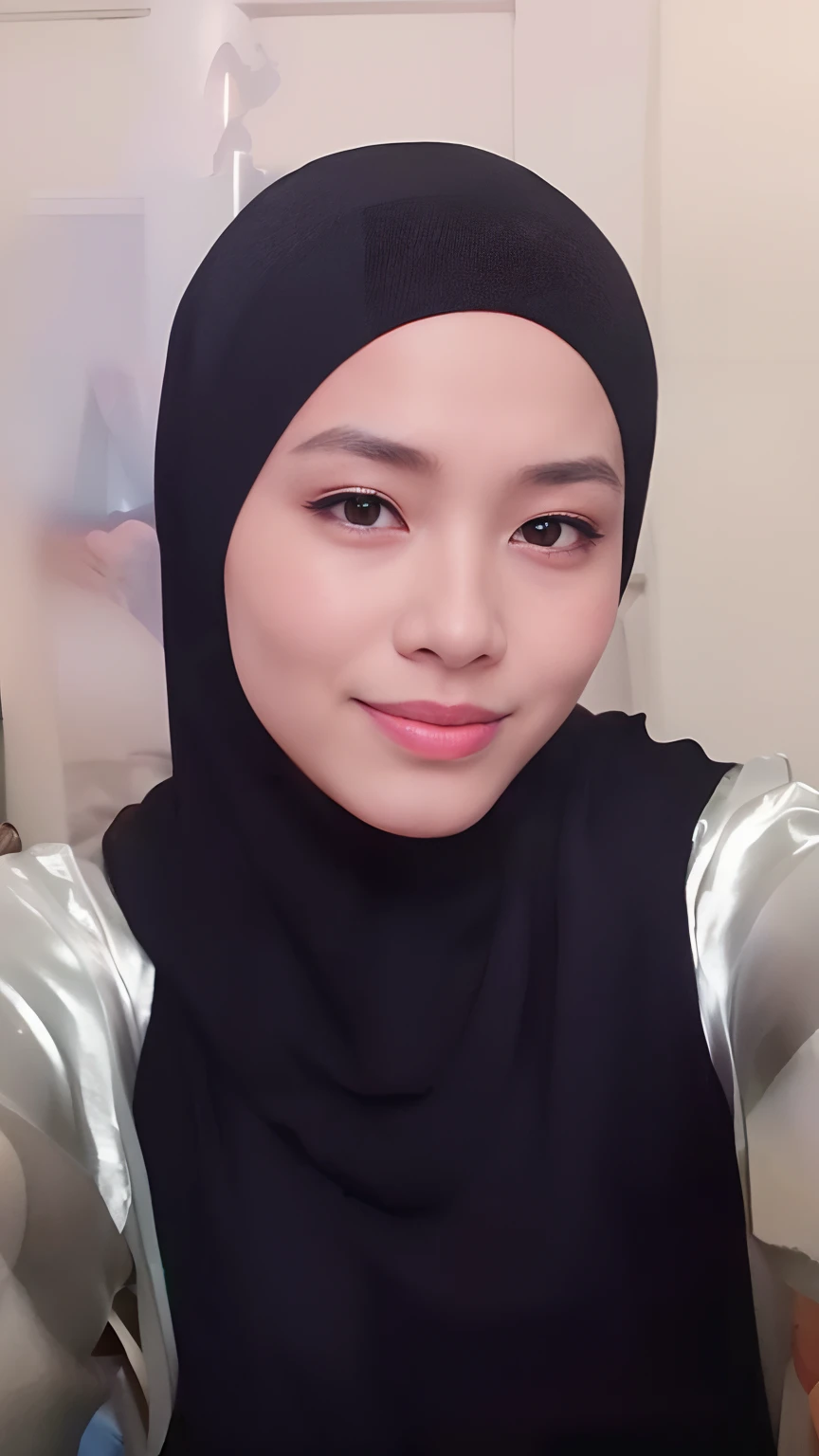 women smile asian hijab big boobs sitting on her desk office