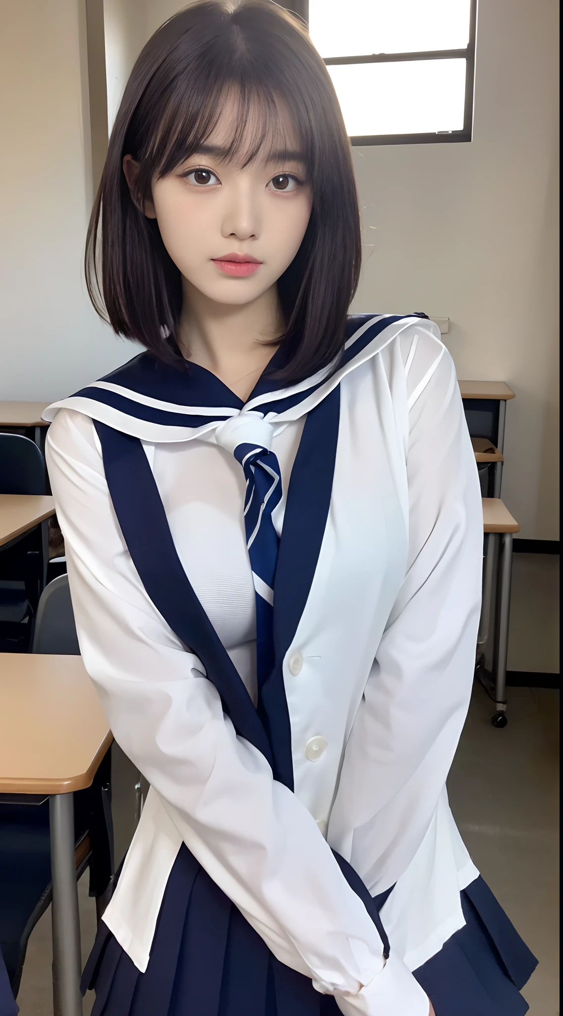 (Top Quality, 8K, Masterpiece: 1.3)), Focus: 1.2, Perfect Body Beauty: 1.8, Ass: 1.2, ((Layered Haircut, Breasts: 2.5)), Japan High School Girl, Sailor Suit Worn by Japan High School Students, JK, (School, Classroom), Highly Detailed Face and Skin Texture, Big Eyes, Tanuki Face, Double Eyelids, Whitened Skin, Shoot Cut