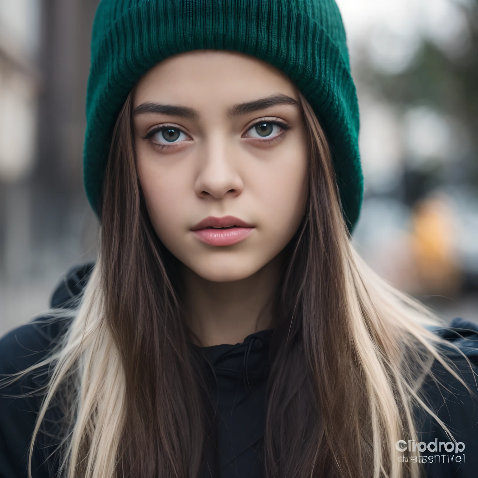 Girl with long black hair wearing a green hoodie and a black beanie, de cabelo preto vestindo capuz, foto retrato suave 8 k, Girl wearing hood, color photograph portrait 4k, jovem adolescente, rosto perfeito, Capuz Verde em um moletom preto, cinematic realistic portrait, retrato muito bonito, retrato da meninaato CGSetivity, arte digital muito realista, Josephine Langford 8k