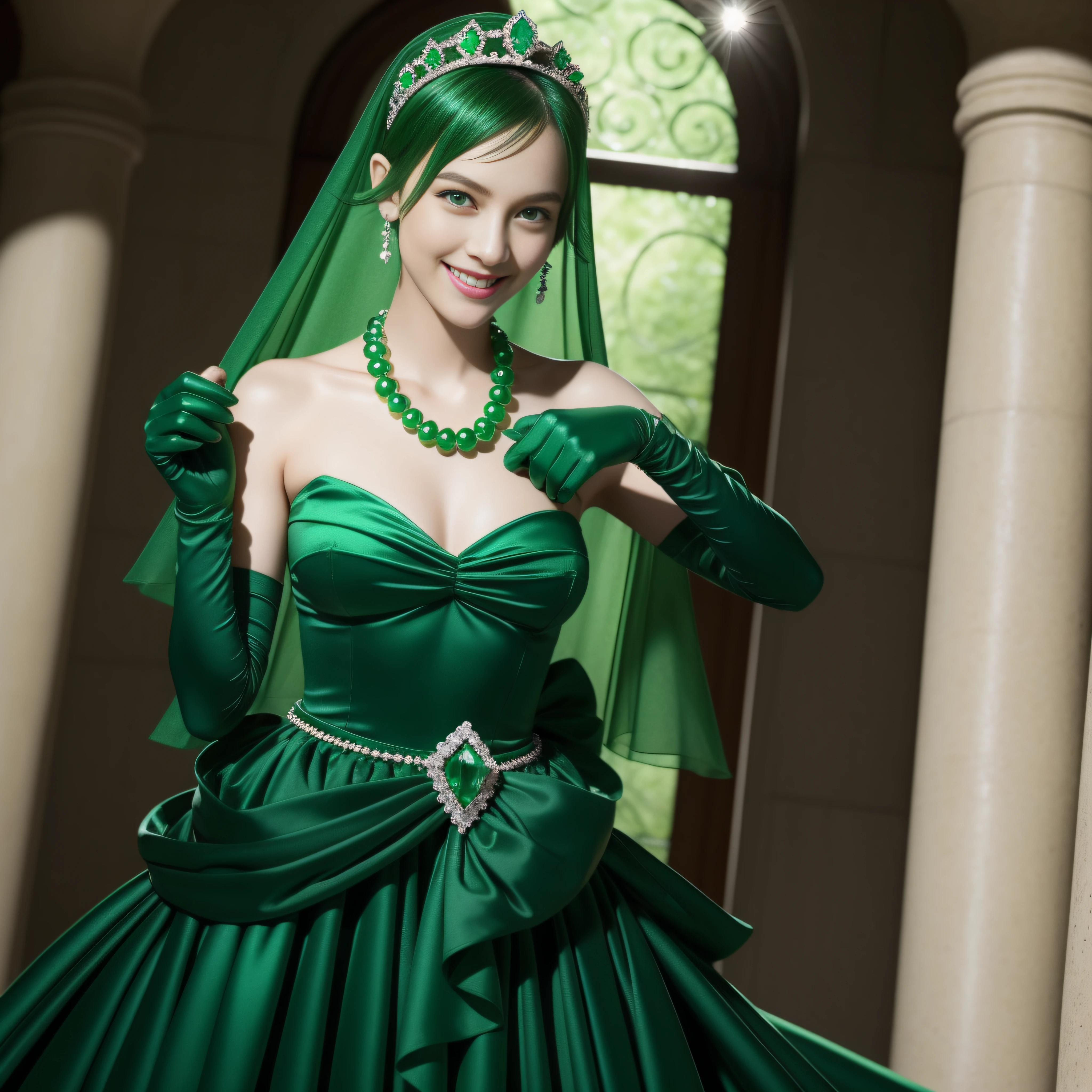 emerald tiara, Green Pearl Necklace, Boyish very short green hair, lipsticks, Japan woman smiling, very short short hair, fist, big breasts beautiful, Green eyes, Long green gloves made of satin material, Green eyes, Emerald Earrings