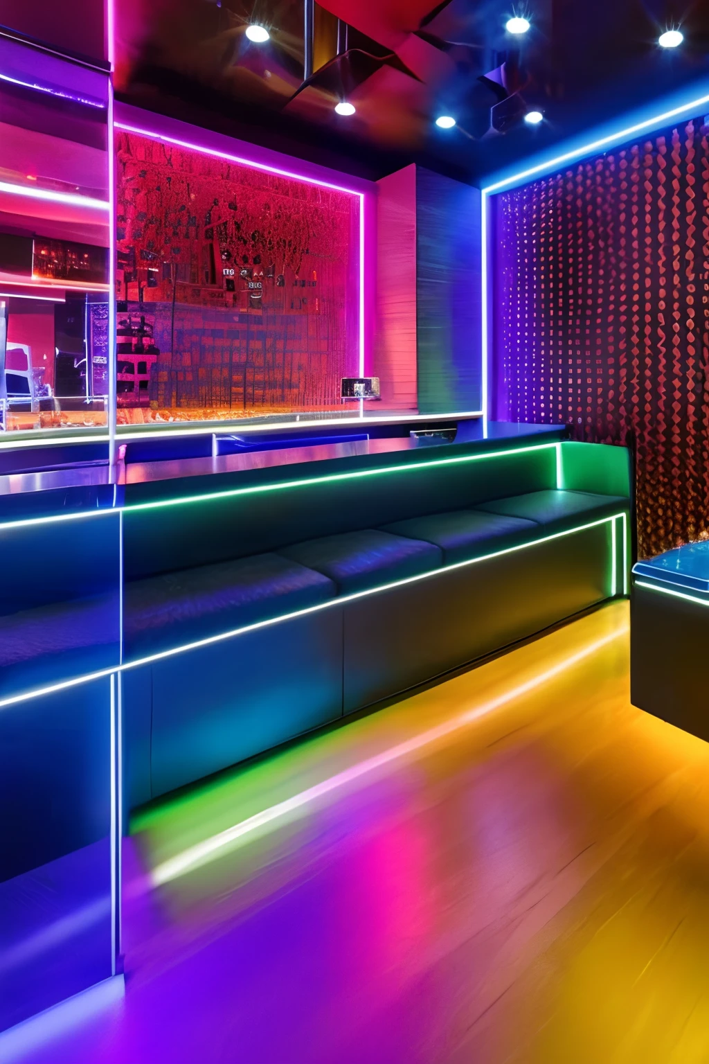 nightclub, dance floor, sofa, lounge, modern, colorfull, UHD, ultra rendered, high detail, neon, perfectly rendered, fun, hyped up, hidden bar, full detail, glass, front door wall, with sticker and sign, colorfull, lounge