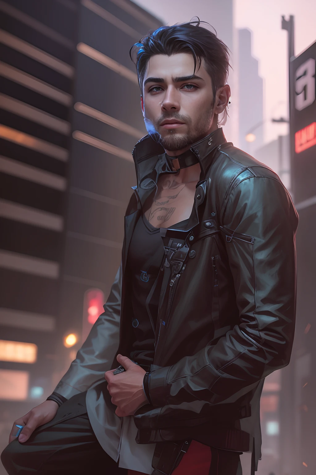 masterpiece, bestquality, highres, Realistic, Portrait of a homosexual boy of medium length.. , Tired face., Deep Groove Coat, It's raining, Wet weather, Soak wet skin, Raindrops, thunderstorm, Blade Runner, dystopia, science fiction, Biomechanical profile, The background is a Cyberpunk bedroom window overlooking Cyberpunk City Night View.., Bright neon lights, Dark Building., flirt, Tight waist, Hip bones, fully naked., Big pecs, pale skin, Pull down the tights..,Short black hair,
