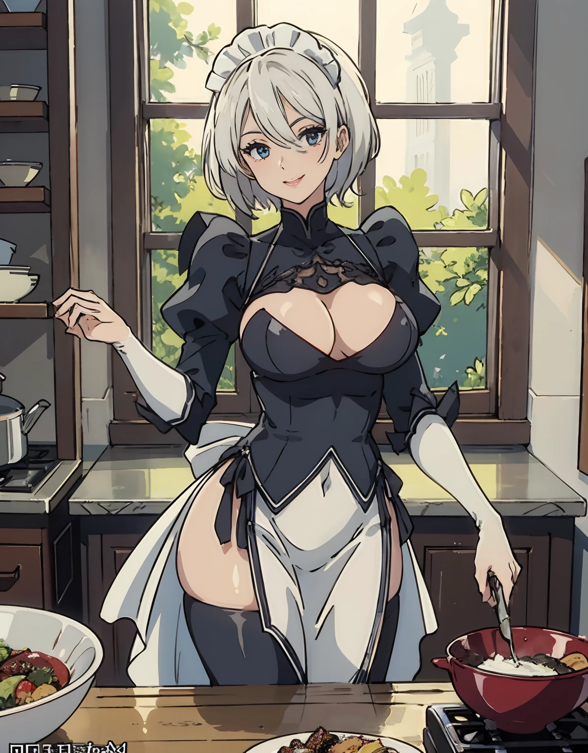 (Best Quality, Masterpiece),sexy mommy, Front cover of a women's cooking magazine, , naked, erotic, 18+, nsfw, 1girl, 30 years old, stunning, cute, heartwarming smile, hourglass figure, Maid costume, beautiful food, text, diagrams, advertisements, magazine title, very short white hair, One strand of hair hangs down over his forehead.