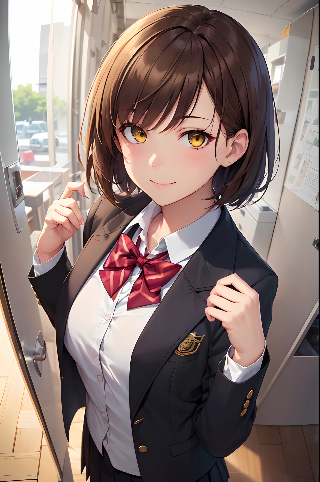 ((masterpiece, best quality, highres, UHD, perfect pixel, depth of field, 4k, RTX, HDR)), full body, colorful, glowing, 1girl, sole girl, beautiful anime girl, beautiful artstyle, anime character, touching_hair, cute, pretty, smiling, ((brown_hair, short hair, bangs)) ((yellow eyes:1.4, rounded eyes, beautiful eyelashes, realistic eyes)), ((smooth texture:0.75, realistic texture:0.65, photorealistic:1.1, anime CG style)), small breasts, High detailed, dynamic angle, perfect body, ((portrait, pov)), ((red bowtie, school uniform, black jacket, open jacket, white shirt, black skirt)), smile, ((detailed)), high school,