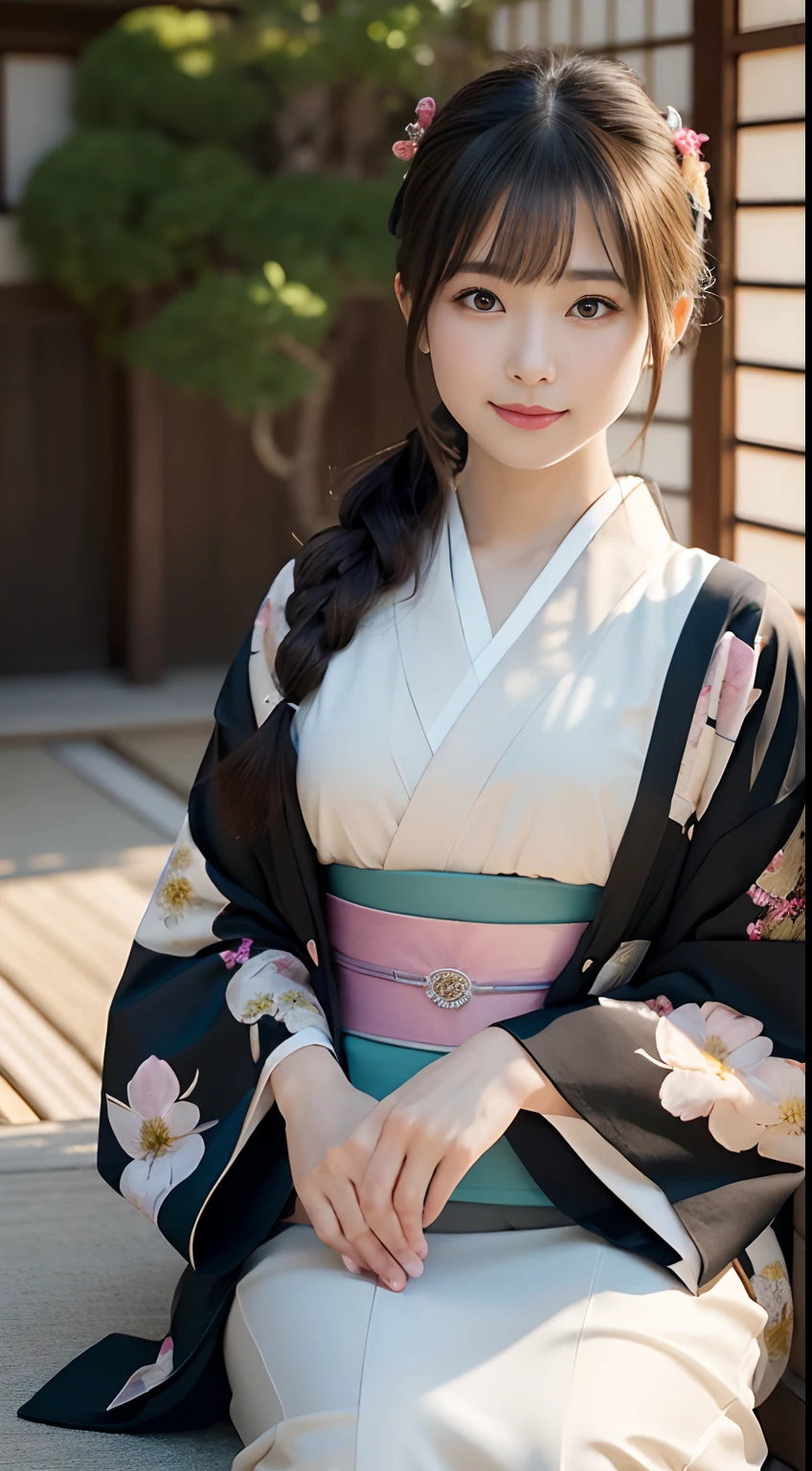 Arafed asian woman in a kimono sitting on a bench - SeaArt AI