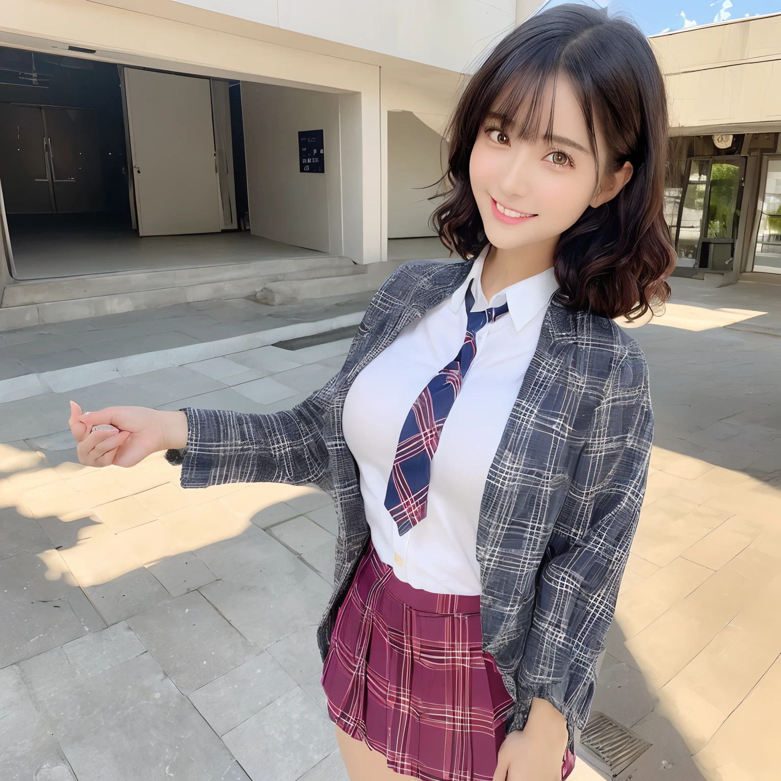 Beautiful Girl, Dark hair, Short hair, (Curly hair), (((Lace pantie))), NSFW, (Show your teeth and smile), looking at the viewers, (((Lift the hem of the skirt, Lift the hem of the skirt with both hands, Lift the hem of the skirt yourself))), ((Japan school uniform)), (Navy Blazer:1.2), (short plaid skirt:1.5), (White shirt for students), (neck tie:1.2), Check skirt, ((of the highest quality, 16 K, masutepiece: 1.3)), 1 girl, Light on Face, hyperdetailed face, very detailed lips, Detailed eyes, Realistic pupils, In the street