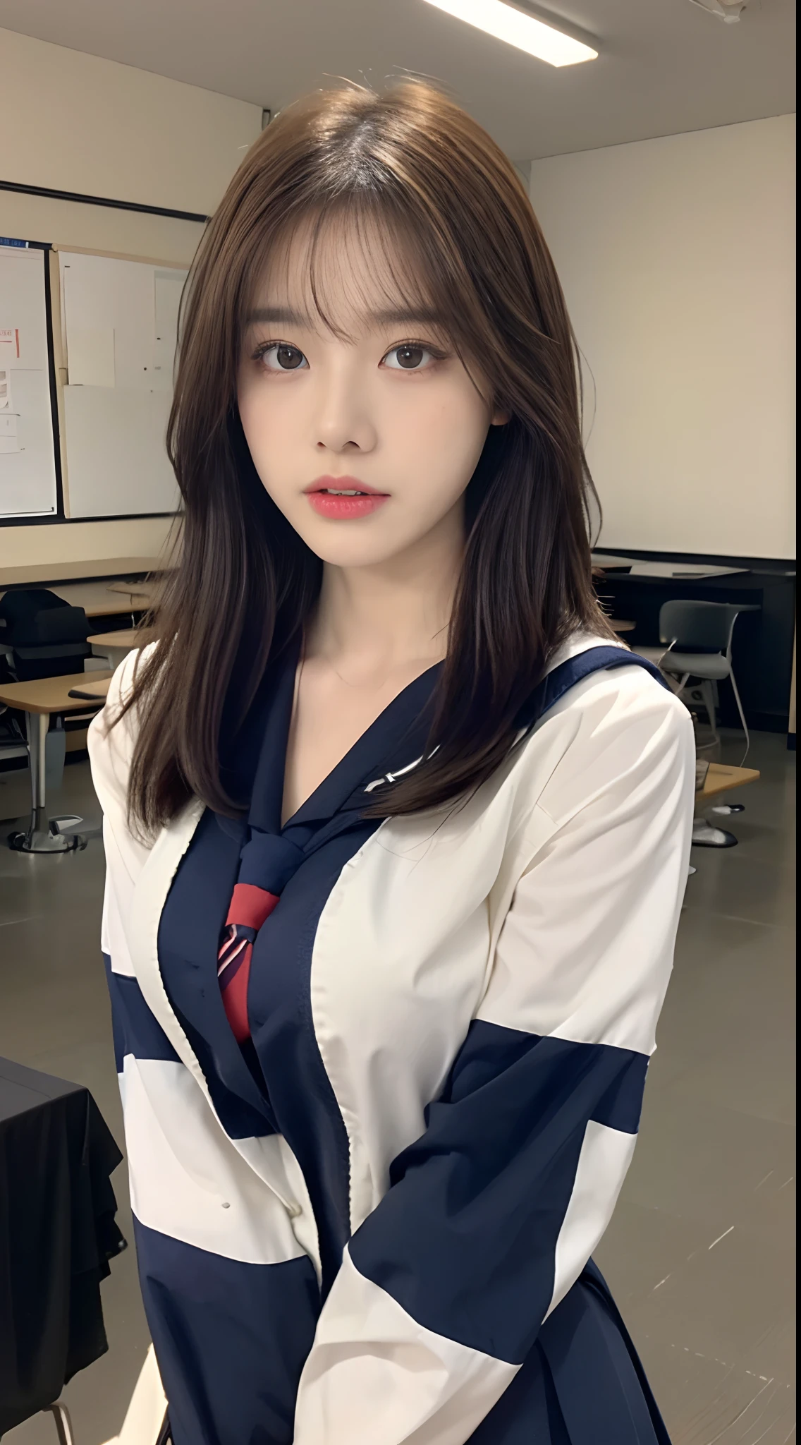 (Top Quality, 8K, Masterpiece: 1.3)), Focus: 1.2, Perfect Body Beauty: 1.8, Ass: 1.2, ((Layered Haircut, Breasts: 2.5)), Japan High School Girl, Sailor Suit Worn by Japan High School Students, JK, (School, Classroom), Highly Detailed Face and Skin Texture, Big Eyes, Tanuki Face, Double Eyelids, Whitened Skin, Shoot Cut