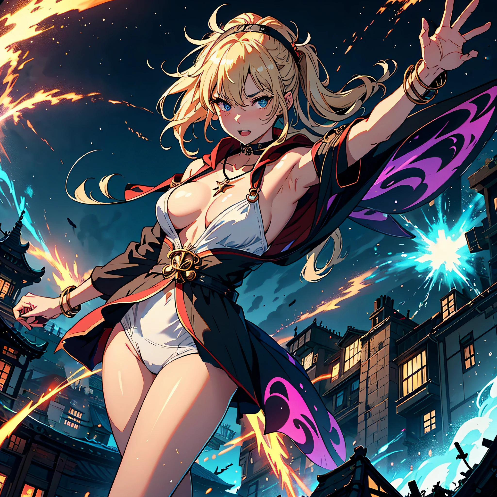 (top-quality、hight resolution、8k、masterpiece:1.2)。Curvaceous but slender、Muchimuchi Body、Grinning Female Wizard、Destroying abandoned houses in a futuristic cyber city。Featuring double teeth, she wields magical powers.。Bridges and factories with magic emitted from the right hand、Luxury cars next々and have collapsed、Scattered with burning debris。Rubble and pebbles float up、Covers her whole body。Although its power is overwhelming、At the same time it is in harmony with beauty。Draw the moment she is destroying a cyberpunk factory with magic。Half-taken off hoodie、accessorized、mole、Eyebrows、double tooth、canine teeth、poneyTail、Muscular nose、Clear detailed blue eyes、blondehair、red blush、The long-haired、a choker、Fleshy lips、Physical beauty、well-muscled、Raise bangs in a headband、Oforehead、Mysterious fashion、Street Fashion、Anime style、animesque、Site after the earthquake、Oversized trousers、unreal、Depiction in motion、Fashion in white and blue tones、Vandalism、Decaying buildings、the fire、Fire incident、tornado、Must-win poses、Backgrounds with depth、Flame Magic、Wizard Equipment、Light equipment、a necklace、Bracelets、Misanga、arm band、Tattoo on the shoulder、espadrilles、thunder、Roaring thunder、lightning bolt、tornado、colorful backdrop、A desert、Thunder in the hand、Light and Wall Co-star、Little green-eyed black cat supporting magic attack overhead、Jojo Standing、Samurai、ninjartist、A desert