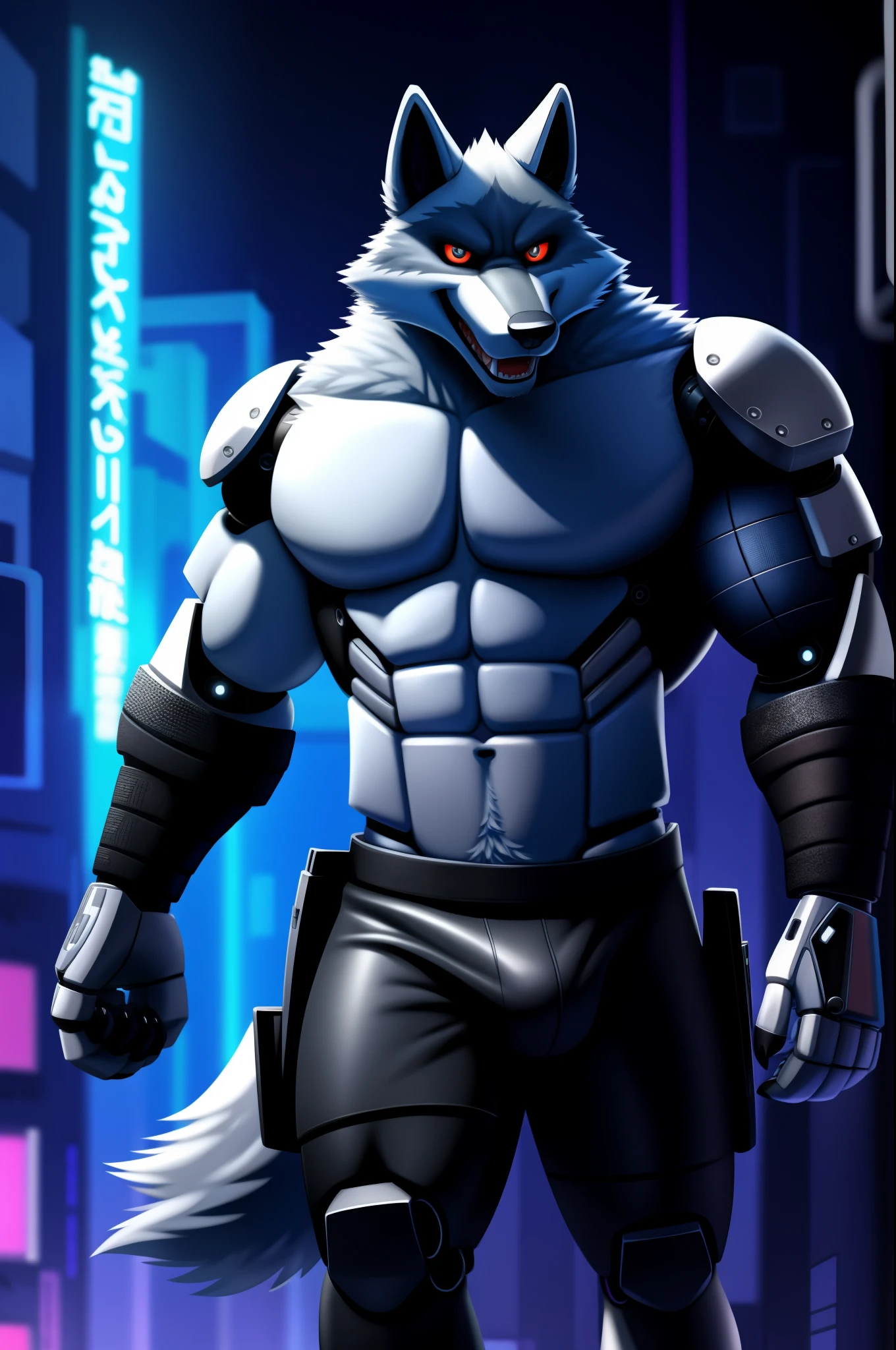 masterpiece, best quality, intricate, pixiv, highres, perfect lighting, absurd res, , detailed background, cg, cartoony,
delicate face, delicate eyes,
kemono, furry, (anthro male wolf), age,
bara, muscular,
(cyborg:1.3), hi tech, high tech, cyberpunk,
