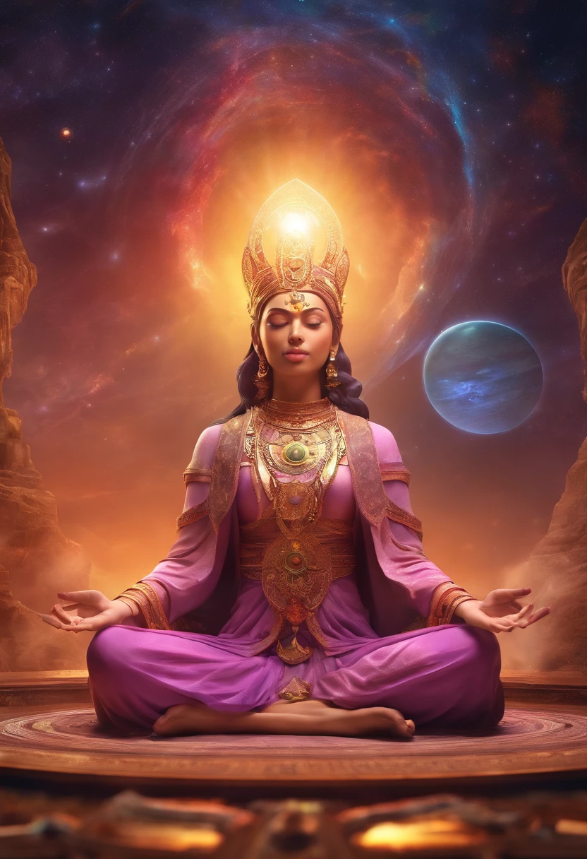 Woman sitting in lotus position holding chakrai wheel and looking straight to camera, opened eyes, chakra, ajna chakra, artgerm julie bell beeple, deviantart artstation cgscosiety, Sacred Feminine, jen bartel, Kundalini Energy, artgerm colorful!!!, colorful aura, Chakra Sacral, psychedelic goddess, Aura of Power. detailliert, high-level image quality, perfect fingers, perfect foot, holding a light billet in hand,
